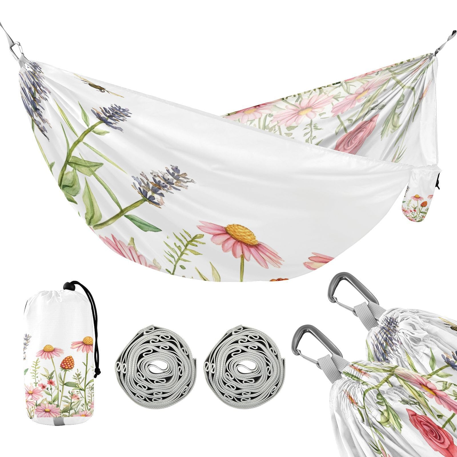 ATTX Beautiful Watercolor Wildflowers Camping Hammock - Lightweight & Portable Hammocks, Heavy Duty 330lbs Capacity for Indoor, Hiking, Backpacking, Travel, Backyard, Beach#59