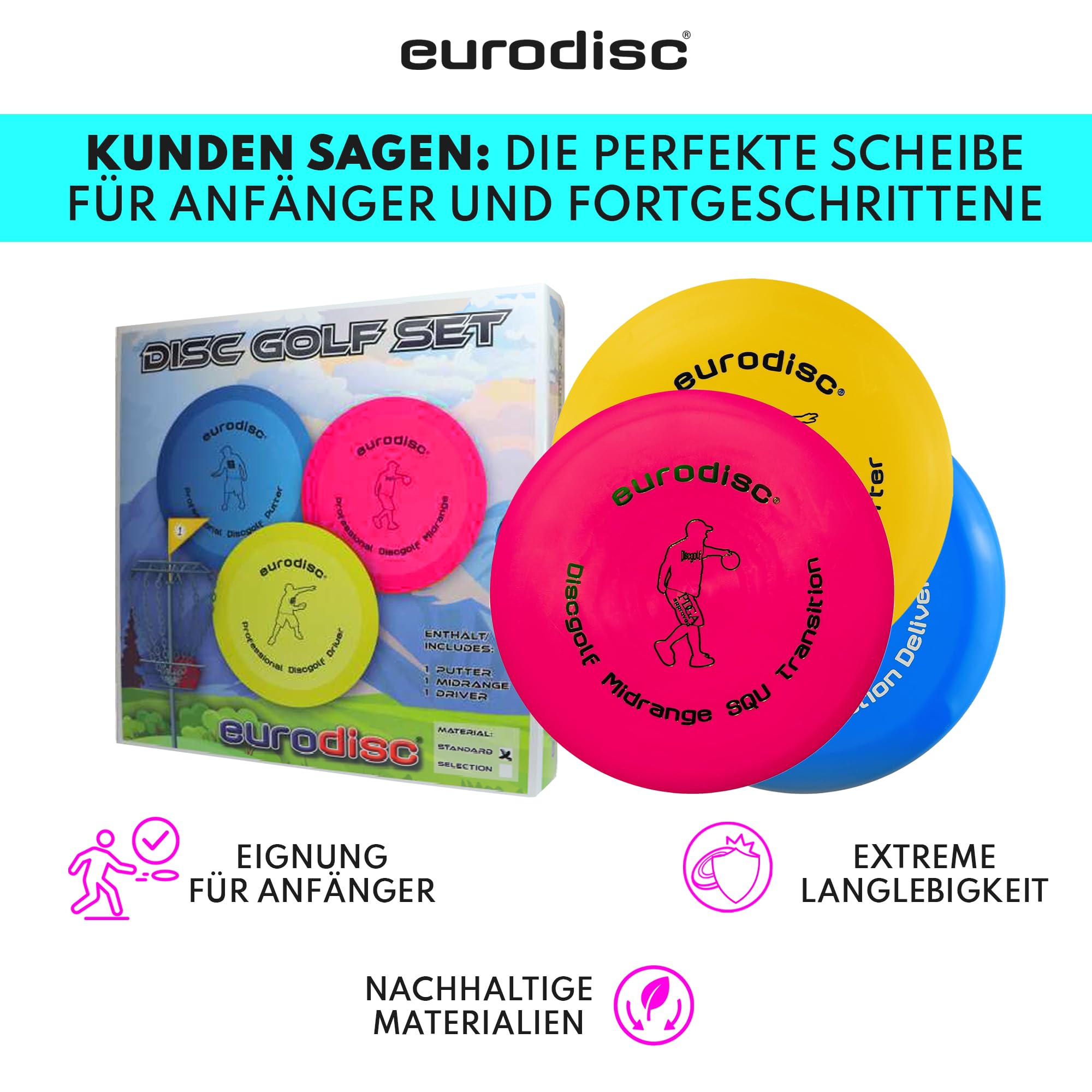 Eurodisc Disc Golf Frisbee zestaw startowy dla początkujących, wyjątkowo wysokiej jakości, trwały, Selection Putter Midrange Driver (niebieski, pomarańczowo-żółty)