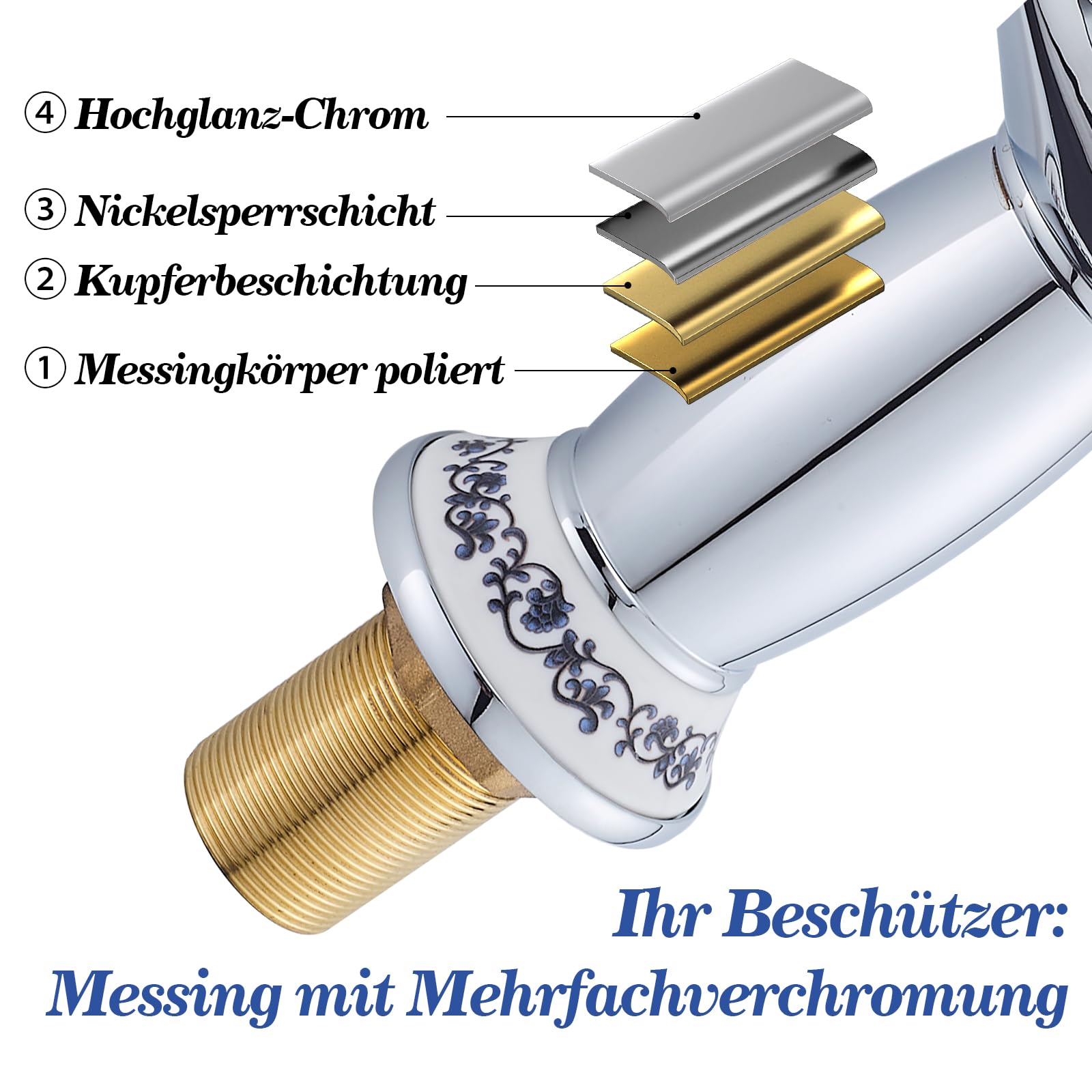 Wasserhahn Bad Antik mit Keramikgriff, Messing Einhebel-Waschbeckenarmatur, Elegant Geschwungene Waschtisch Armatur, Chrom