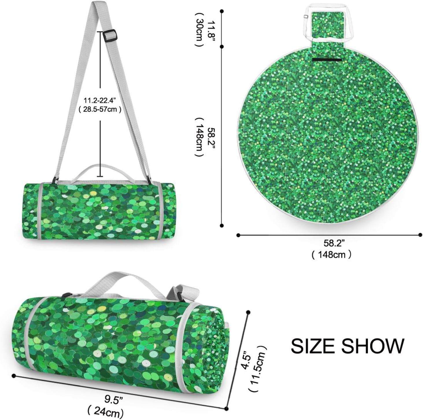 Round Outdoor Mat - Fits 2 Adults, Summer Accessories Sand Resistant Travel Picnic Blanket Dual Layer, Sand-Free, Soft Throw Rug 58 in (Green Fake Glitter)