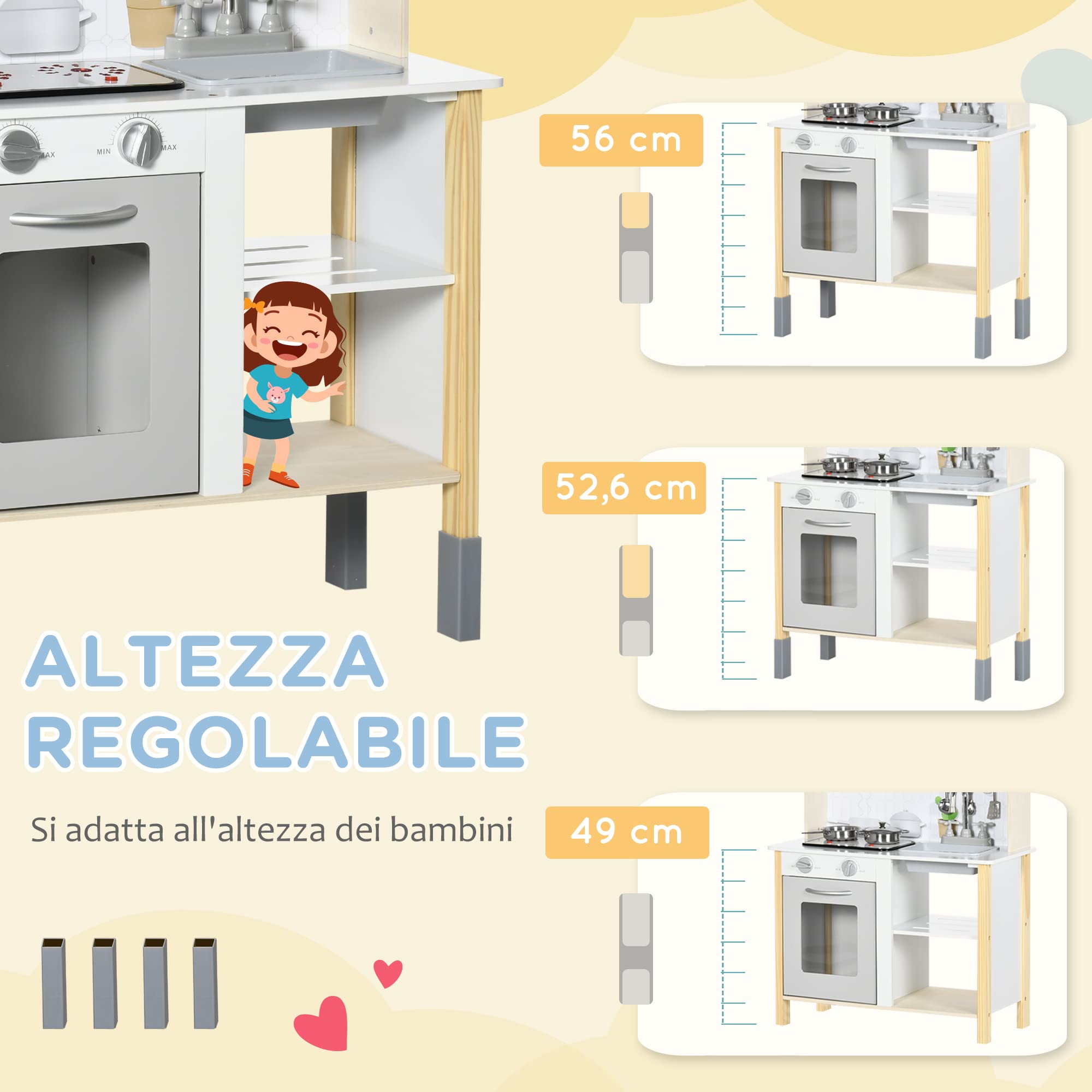 HOMCOM Cucina Giocattolo per Bambini Luci 60x30.5x93.2 cm Grigia e Bianca