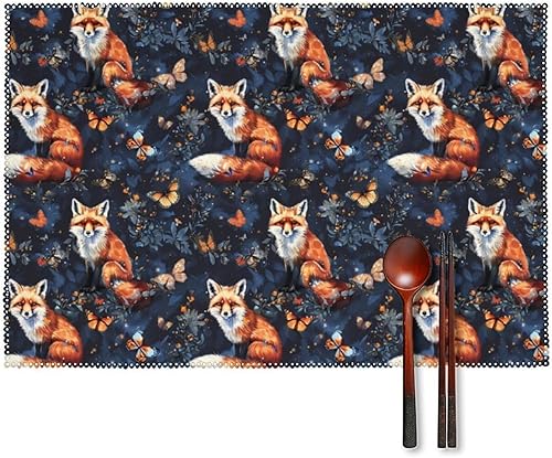 Animal Fox Print Placemats Set of 6 Resistant Table Mats Washable Place Mats for Dinner Party Table Decoration