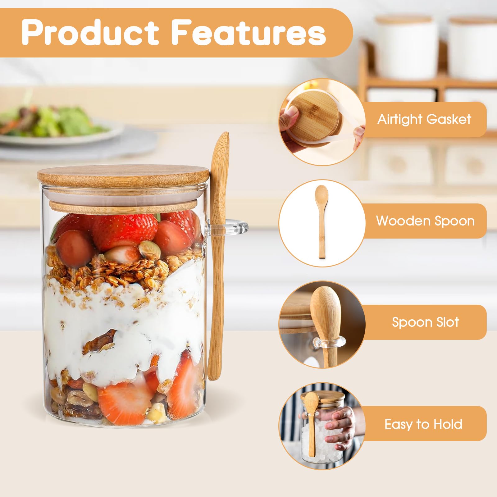 ZhouZGlass 16oz Overnight Oats Containers with Lids, Overnight Oats Jars with Spoons and Stickers - Image 3