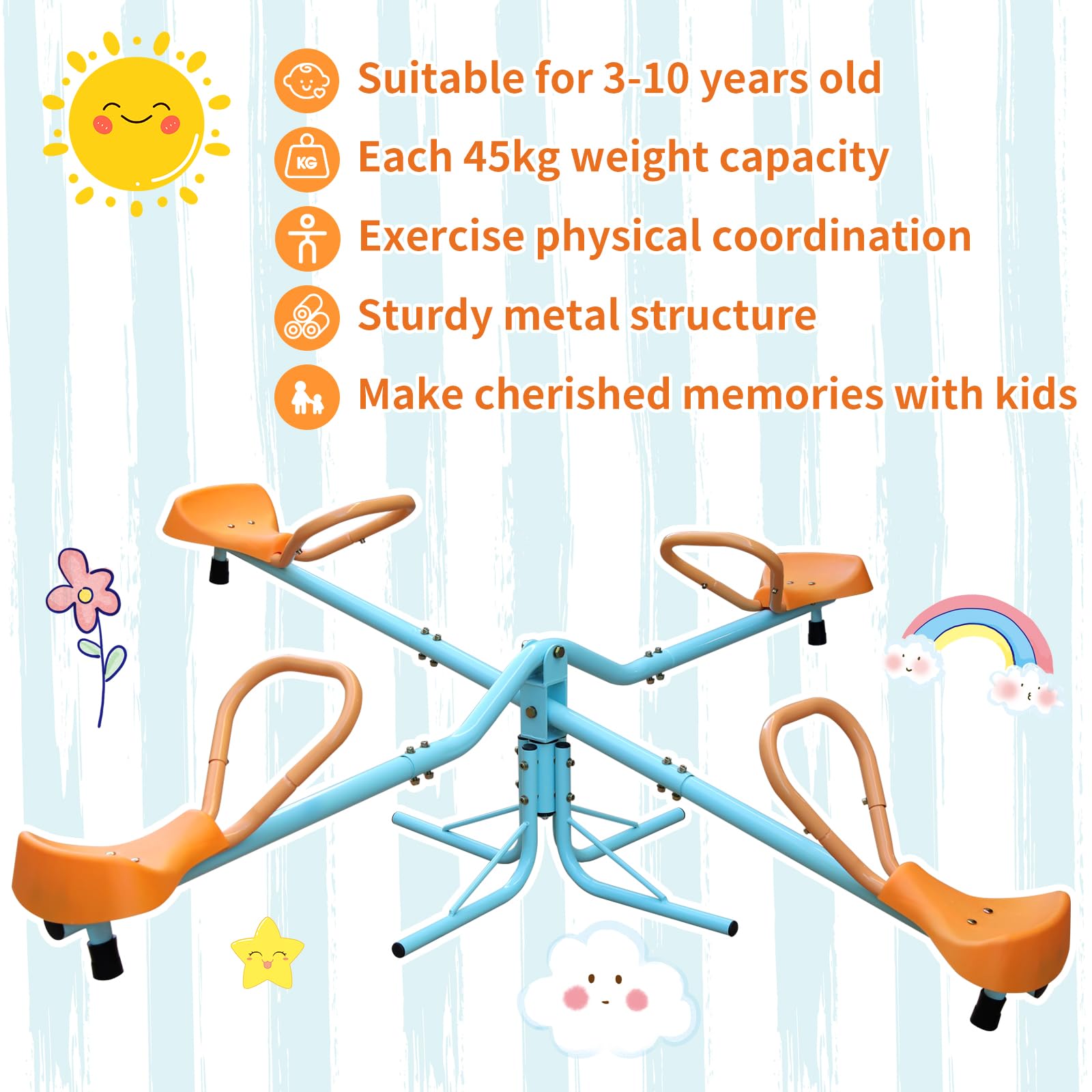 4 Sitzer Wippgerät Kinder 182.88 cm XXL Outdoor Spielzeug mit Rückenlehne und Sicherheitsgriffen Blau Orange Robustes Metallgestell bis 45 kg pro Sitz Garten Terrasse Kindergarten