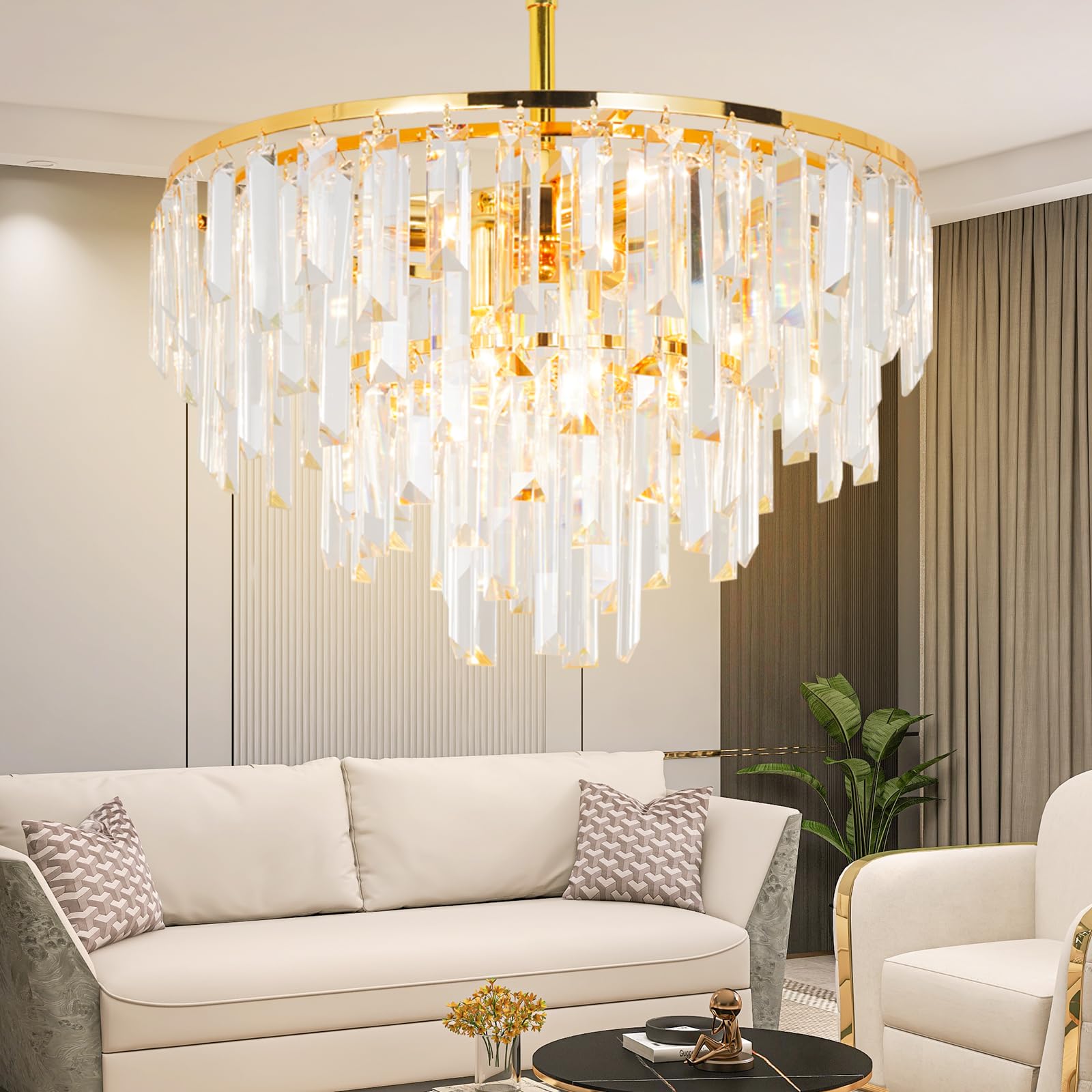 Gold Modern Round Top K9 Crystal Chandelier Lighting Fixture, 6 Lights Round K9 Crystal Adjustable Hanging Lamp for Dining Room Bedroom Living Room,Hallway,Bar,Kitchen W17'