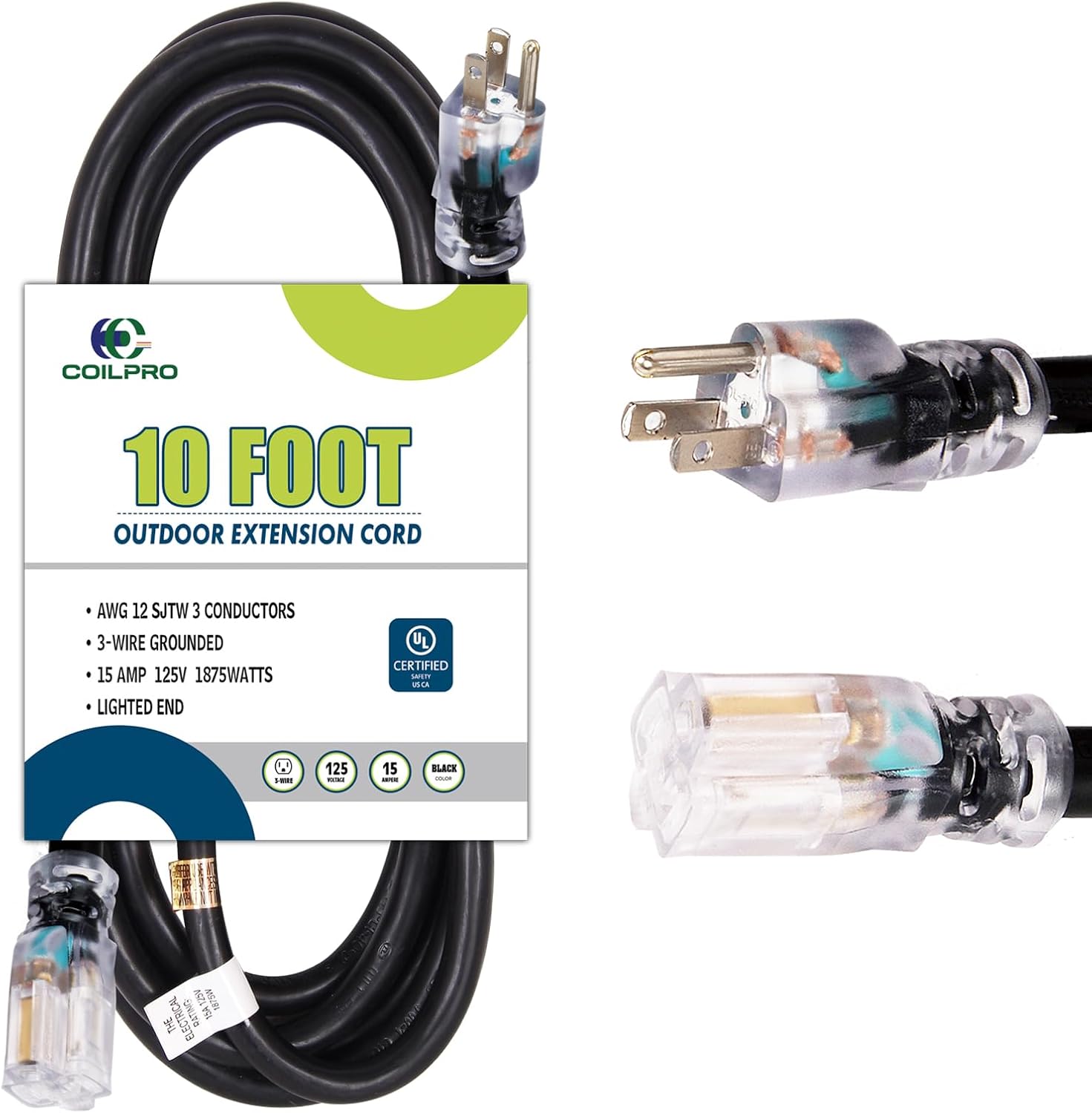 10FT Outdoor Extension Cord-12/3 SJTW Durable Extension Cable with 3 Prong Suitable for Gardens.