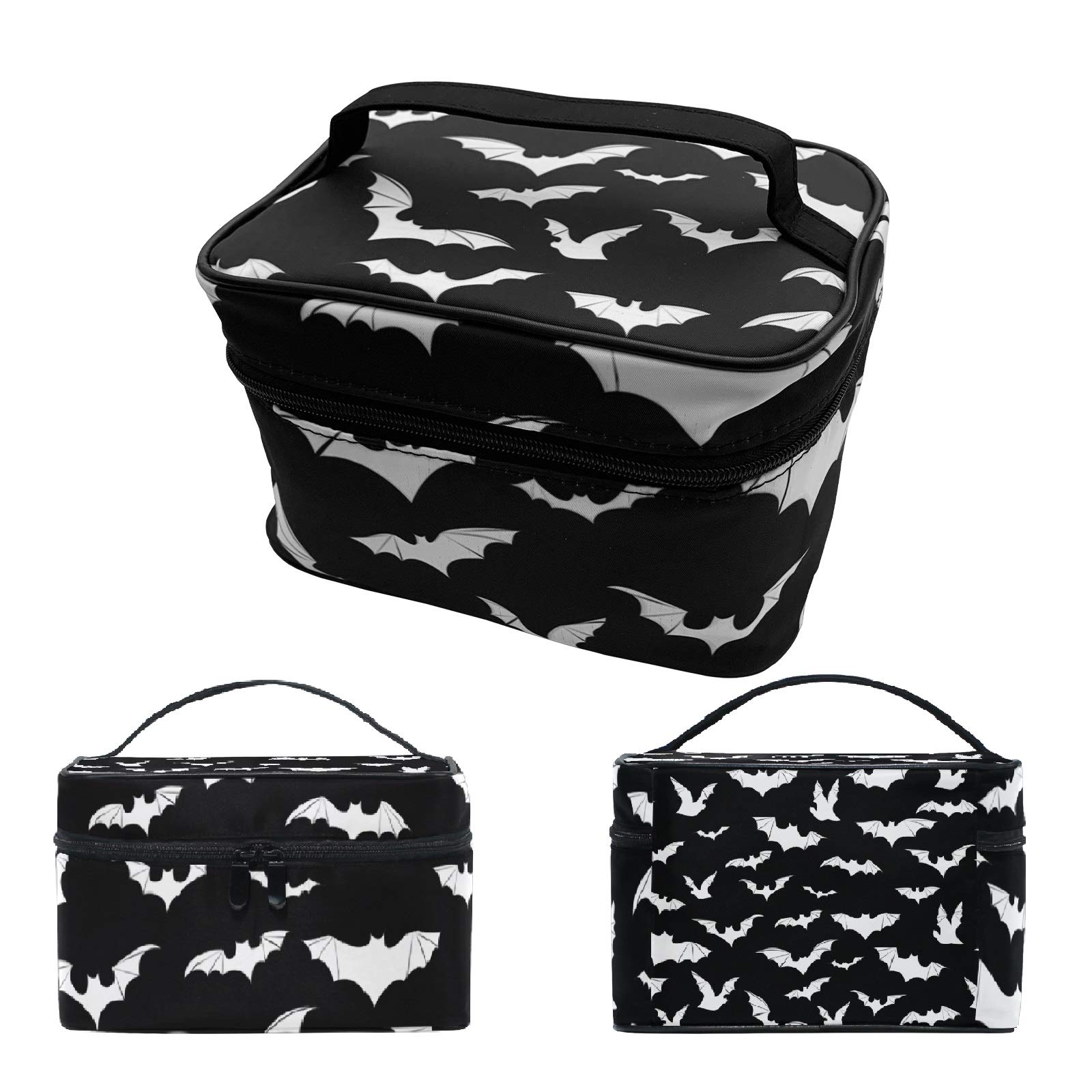 9CH Goth Makeup Organizer Bag, Halloween Makeup Bags Large Cosmetic Bag with Adjustable Dividers Portable Bat Cosmetic Case for Make up Brushes Toiletry Jewelry(Black Bats)