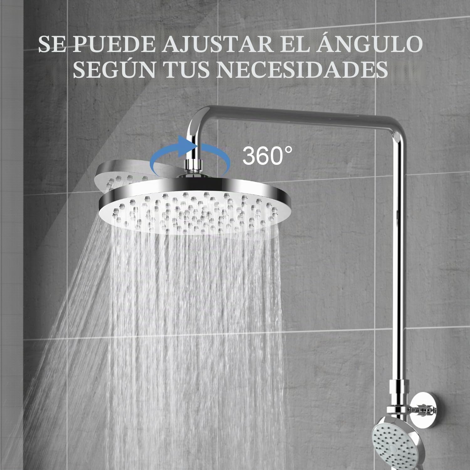 Alcachofa de ducha redonda de 20cm con efecto lluvia, ajustable, ahorro de agua con boquillas antical, cabezal de ducha de cascada de acero inoxidable, diámetro de 20 cm, Plata