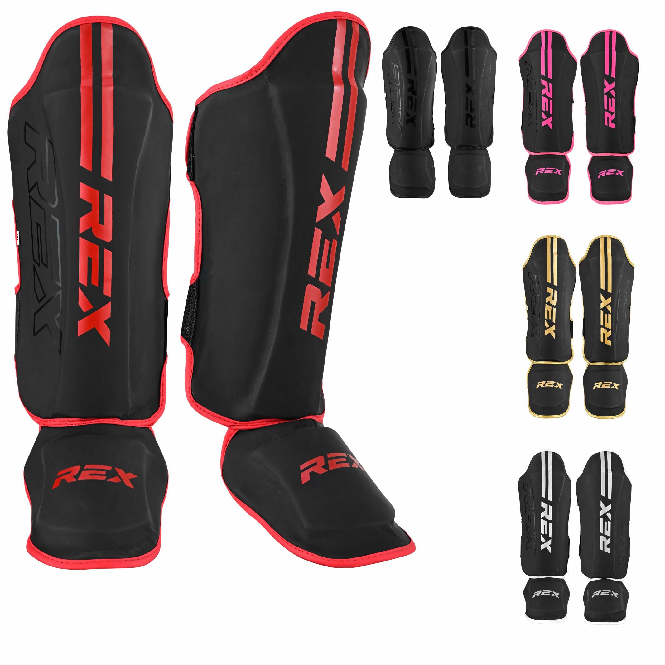 Rex Boxing Shin Guard Muay Thai Instep Leg Protector for Martial Arts, Kickboxing, BJJ, Karate, PU Leather reinforced MMA Shin Instep (BLACK/RED, XL)