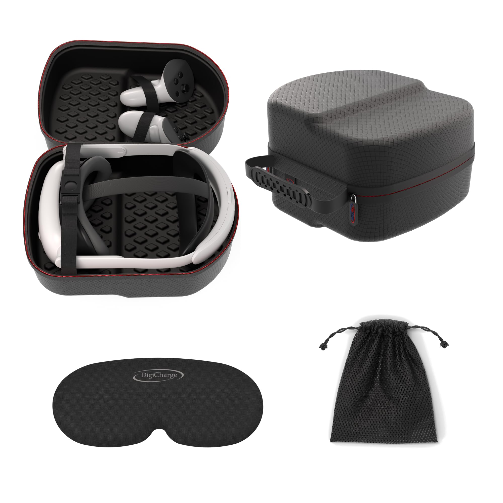 Digicharge VR Carry Case for Meta Quest 3S/3/2, Black Diamond Finish, Hard Case with Zipper and Shoulder Strap