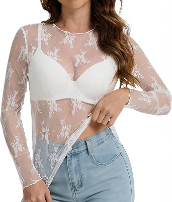 Yincro Womens Lace Tops Long Sleeve Floral Mesh Sexy Sheer Shirts S-XXL | Shirt, See Through Blouse, layering Top