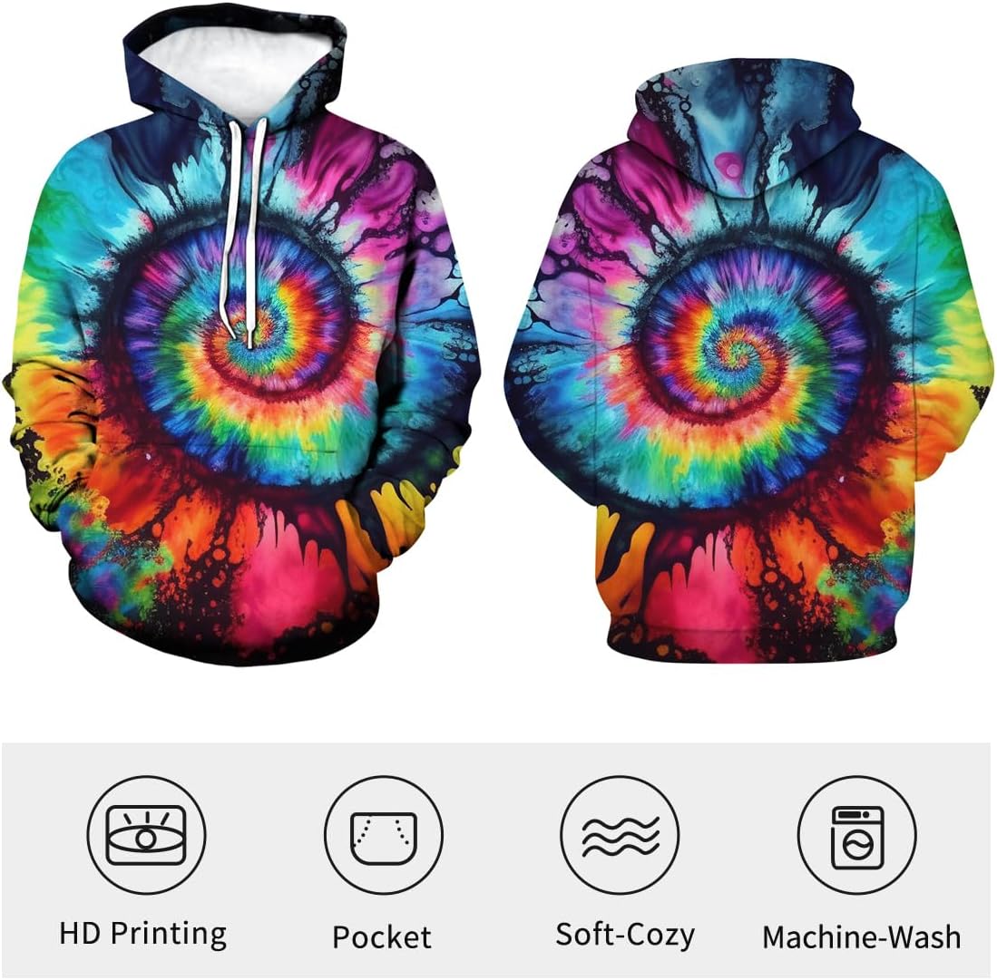 Unisex 3D Tie-Dye Graphic Hoody Hoodie Vintage Rainbow Pattern Pockets Long Sleeve Pullover Hoodies - Image 3