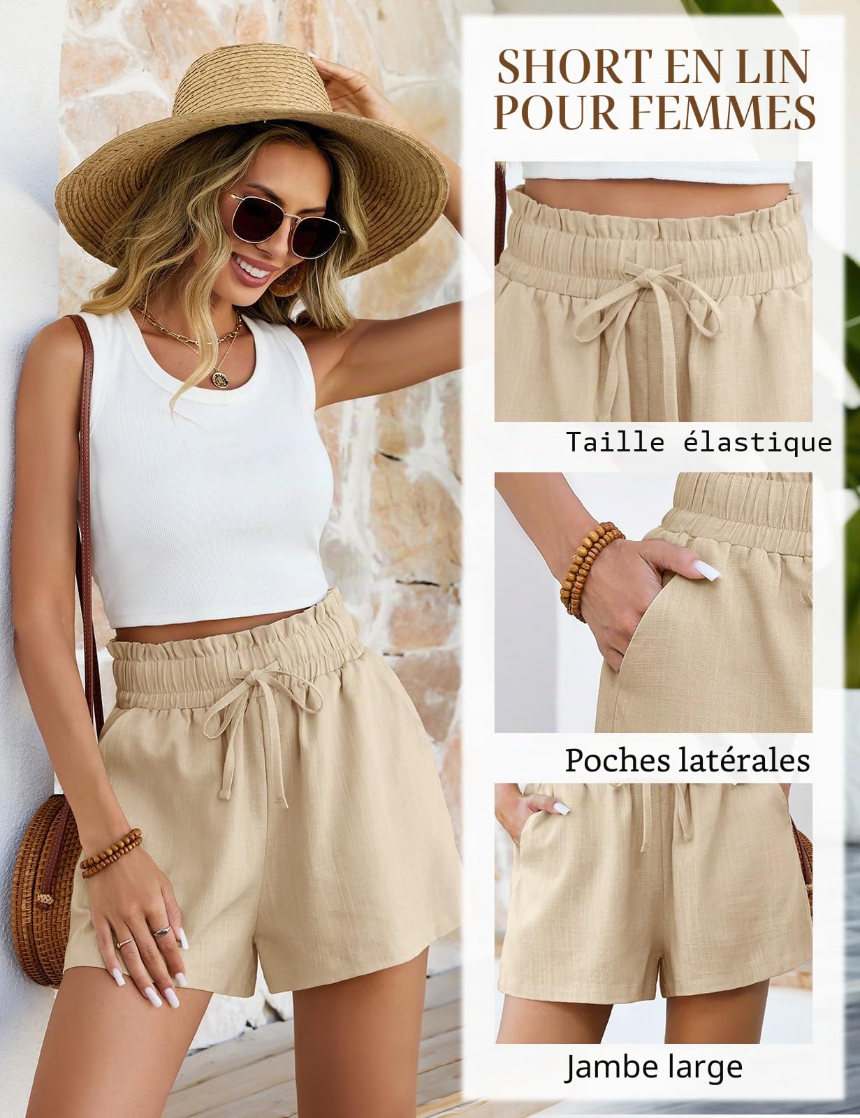 heekpek Short Lin Femme Ete Fluide Large Taille Haute Pantalon Court Femme Été Leger Short de Plage avec Poches