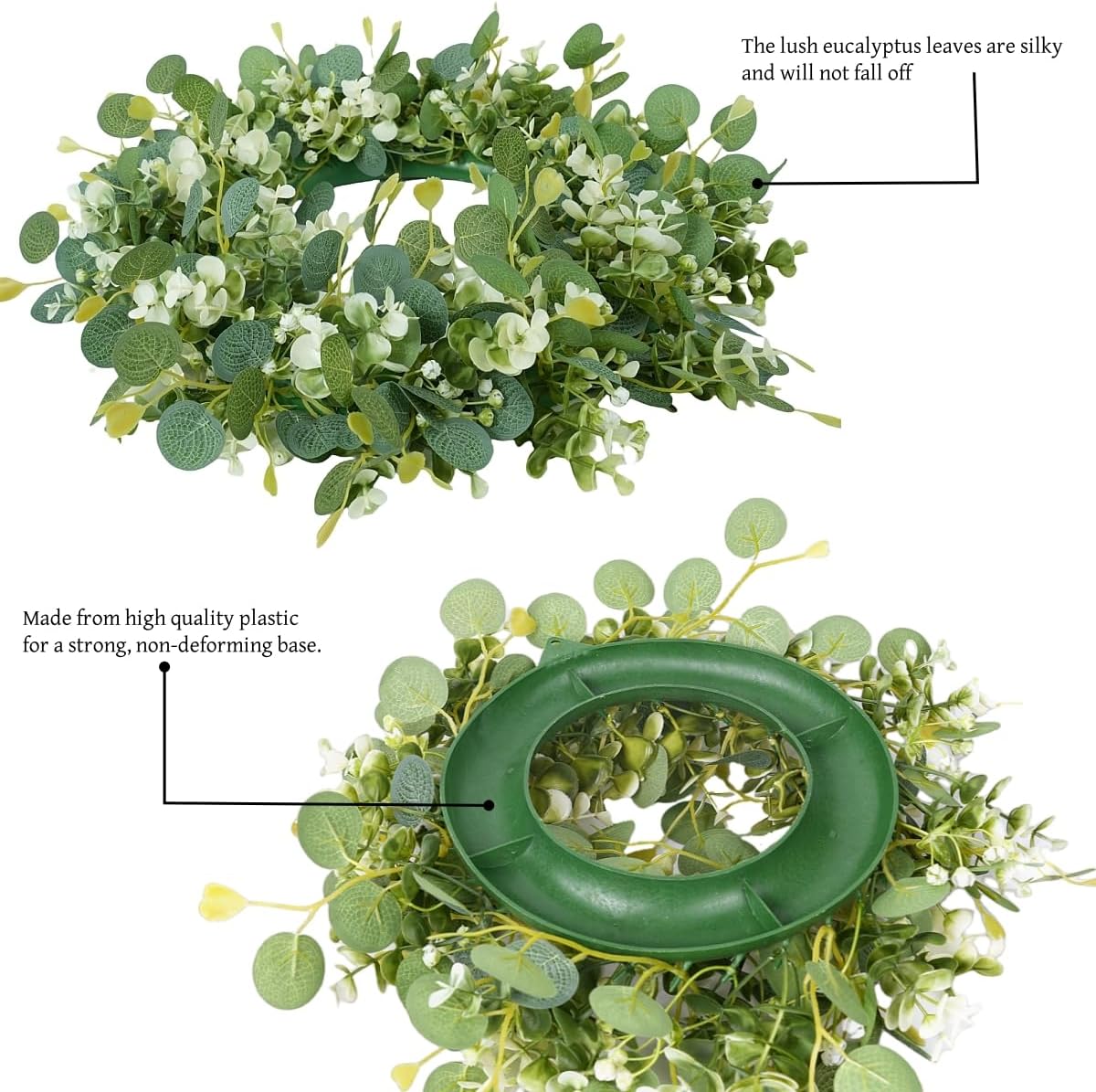 2Pcs Eucalyptus Green Wreath for Front Door, 11.8” Artificial Eucalyptus Leaves with White Flower Spring Summer Wreath for Wedding Wall Window Festival Farmhouse Garden Home Decor