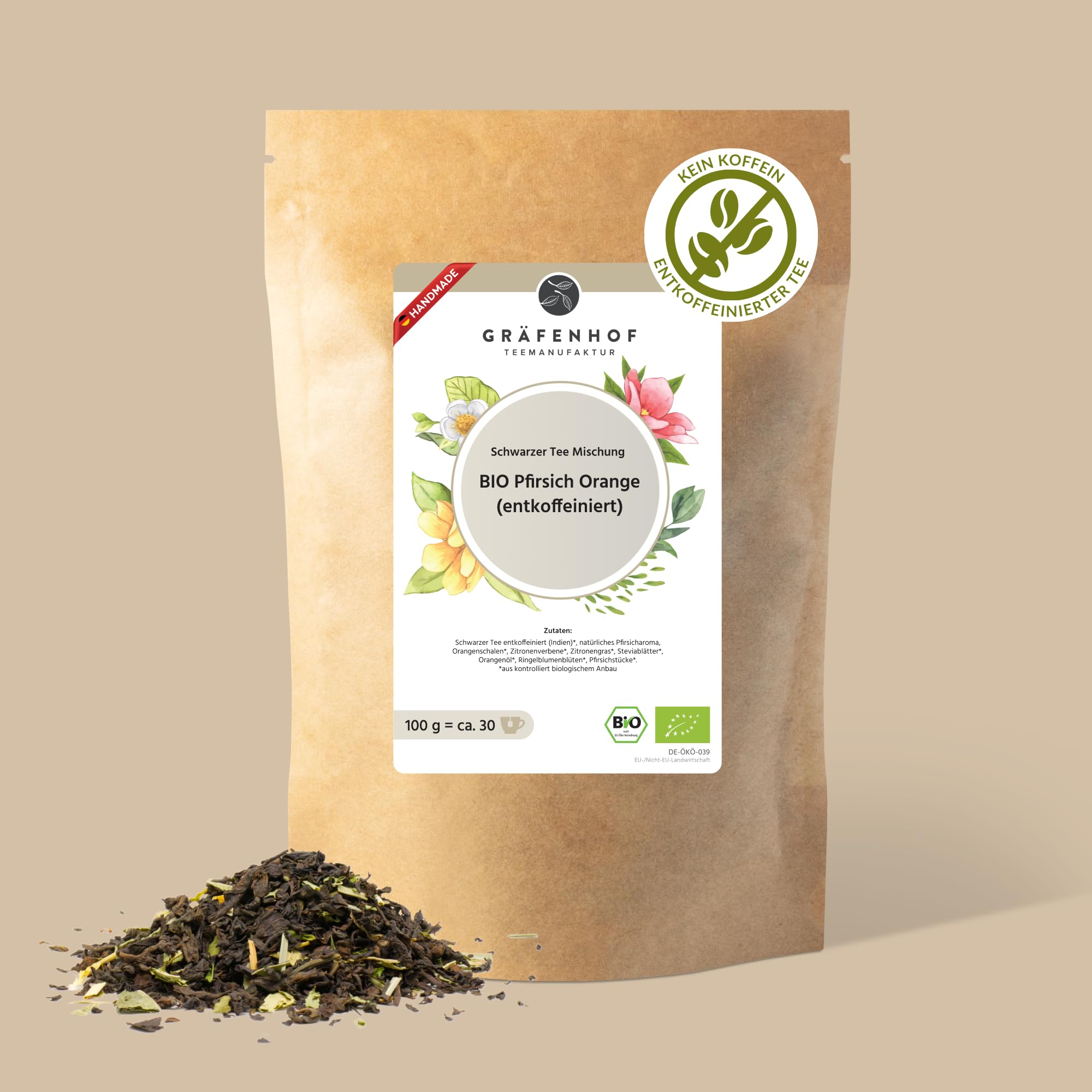 Gräfenhof Pfirsich Orange (entkoffeiniert) Schwarztee Bio, 300g (3x 100g) loser Tee mit Schwarzer Tee entkoffeiniert & natürliches Pfirsicharoma, entkoffeiniert, Premium Qualität, in DE abgefüllt