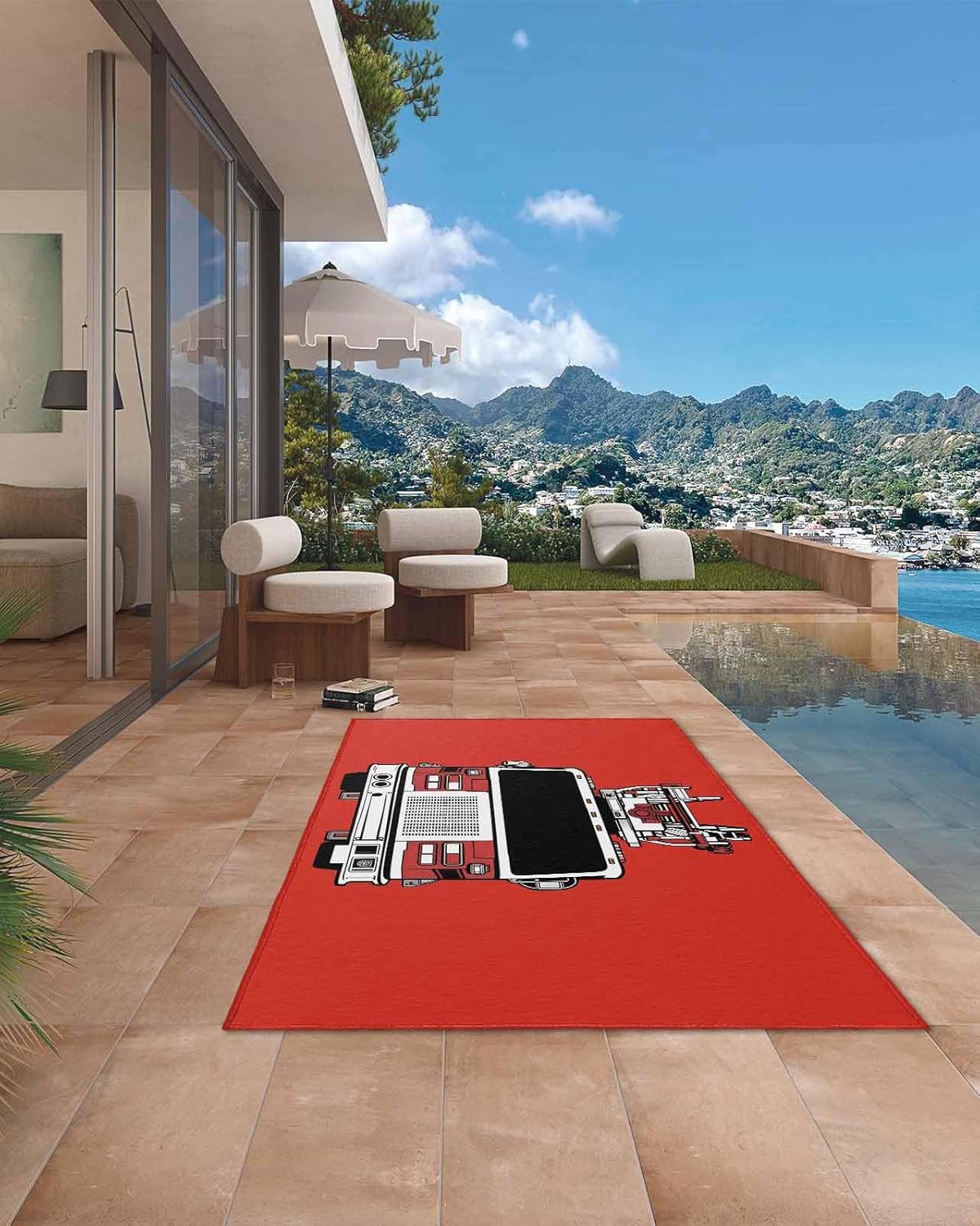 DecorLovee Outdoor Rug 4' x 6', Fire Fighting Truck Large Non Slip Area Rugs Washable Floor Mat, Red Truck Reversible Indoor/Outdoor Carpet Runner for Patio, Backyard, Deck