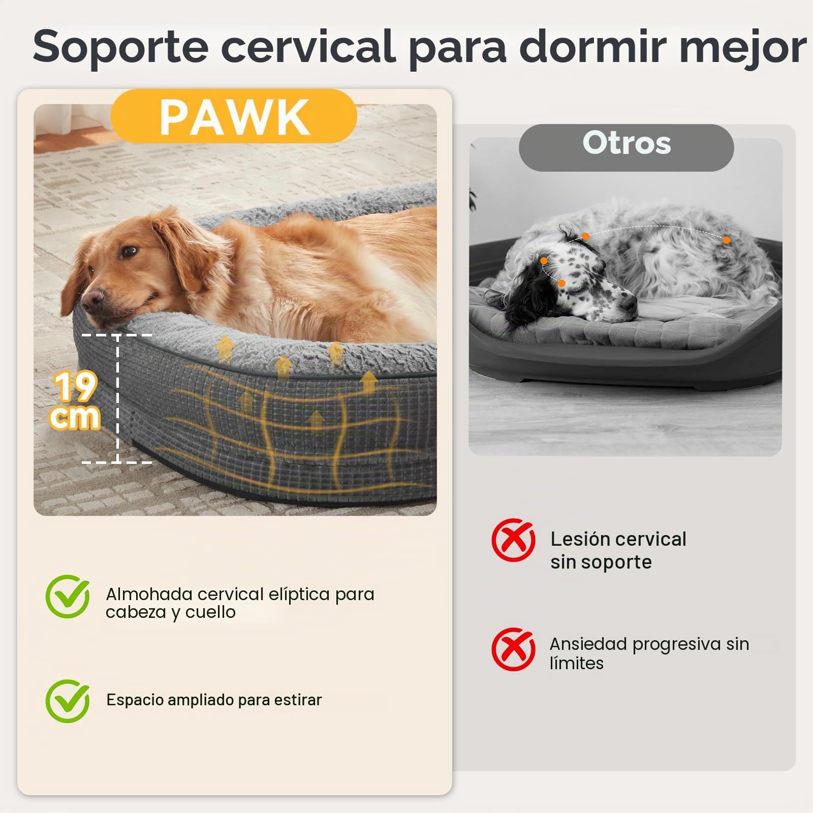 Pawk Cama Perro Medianos Sofá Perro Ortopedica Desmontable y Lavable, Colchon Perro con Forro Impermeable y Espuma Viscoelastica,89x63x18cm, Gris