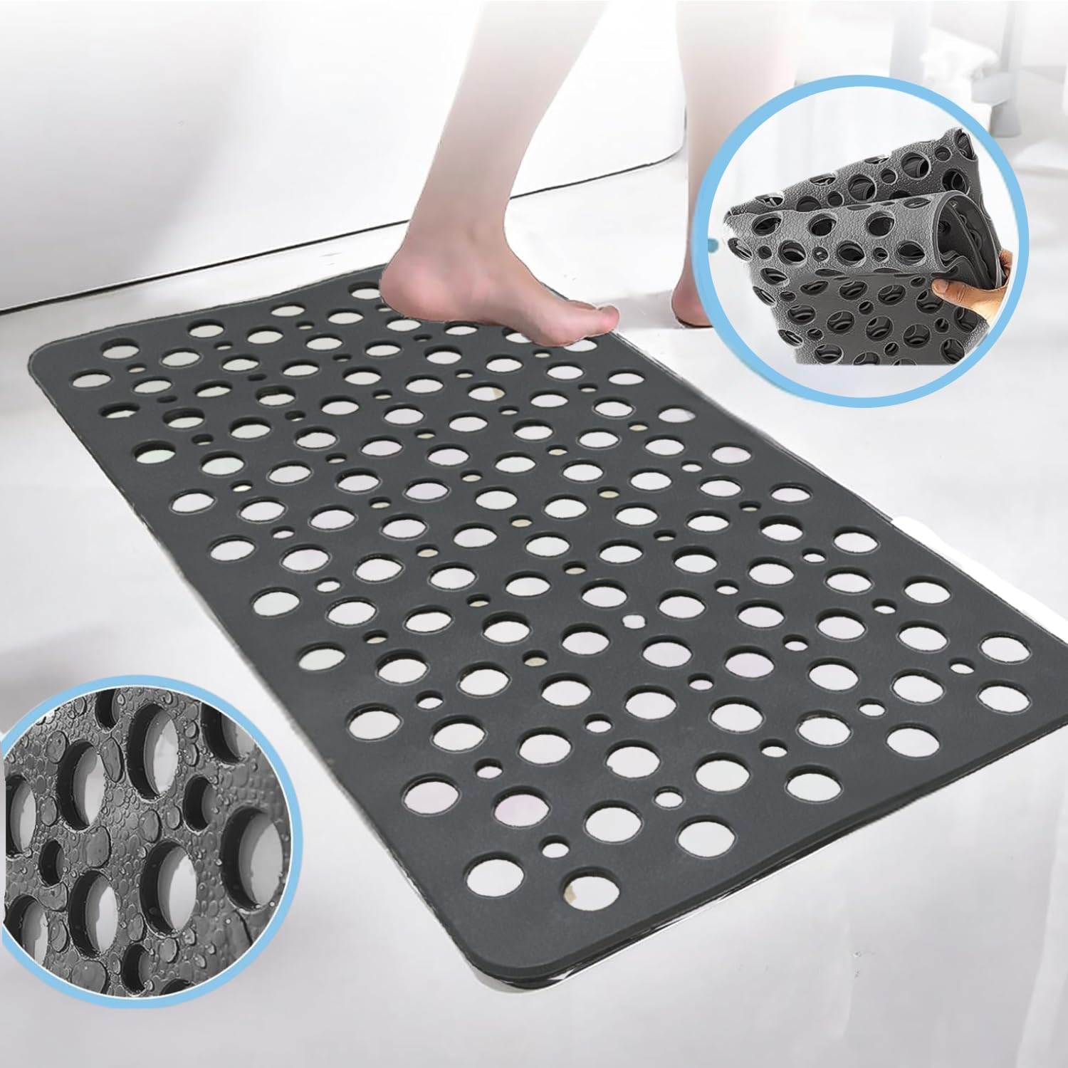 Purish | Kaymaz Banyo Paspası | Antrasit Gri | 66x36cm – Dikdörtgen Duş Matı, Küvet Paspası | Güçlü Vantuzlu, Su Tahliyeli, Yumuşak | Makinede Yıkanabilir | Kaydırmaz Zemin Matı (Antrasit Gri)