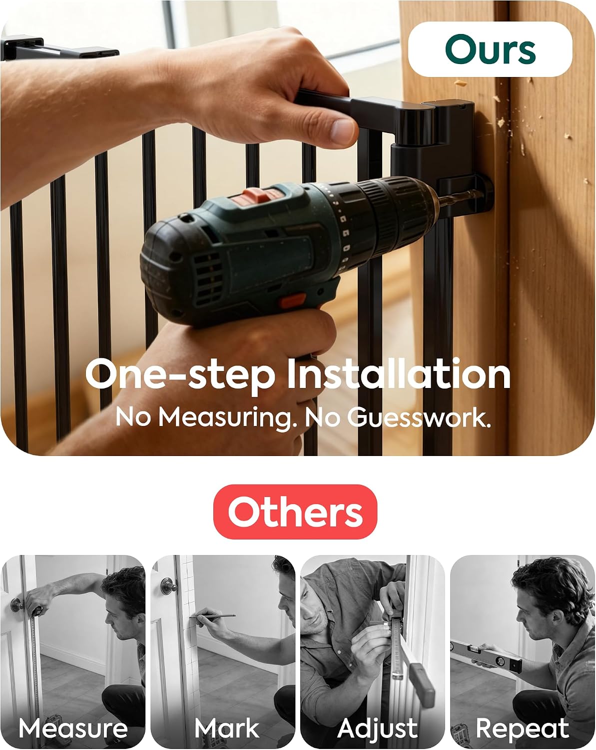 Close-up of a hand using a drill to install the gate's mounting hardware, labeled 'One-step Installation'.
