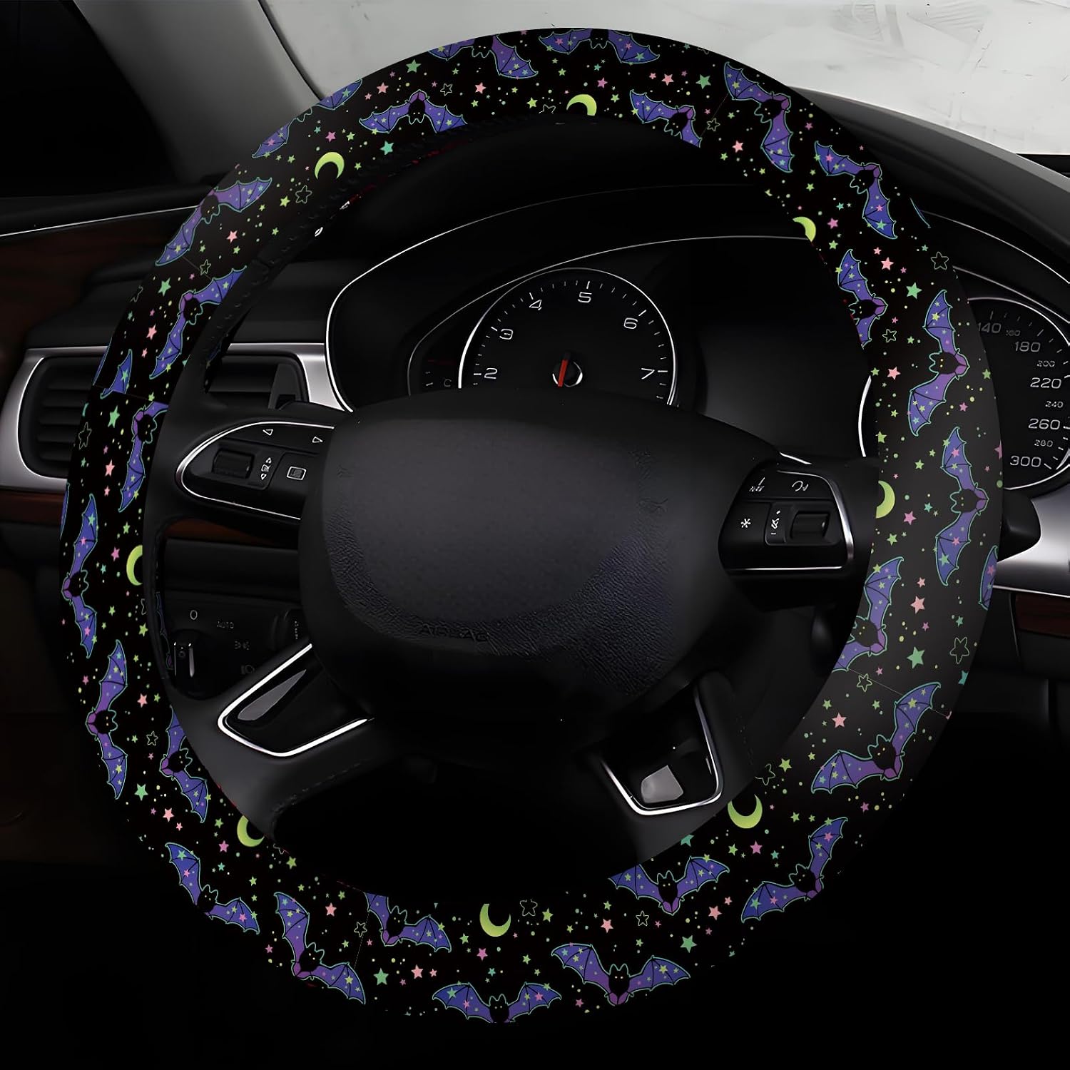 Car Steering Wheel Cover, Universal 15 Inch Neoprene Non-Slip Steering Wheel Covers, Funny Car Accessories for Women Men Fit Auto, Suvs, Truck Cute Purple Bats image 2