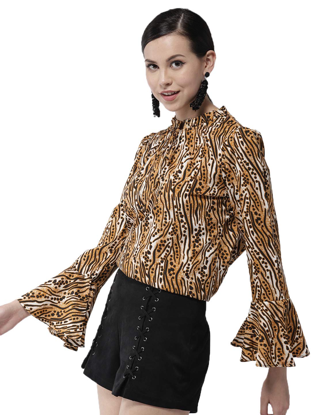 StyleStoneWomen's Polyester Leopard Print Top (Orange and Black, Large)