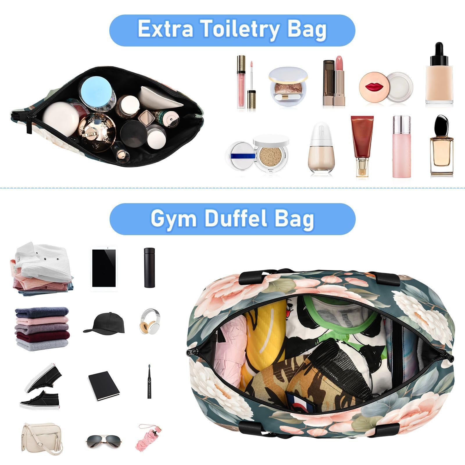 Borsa sportiva da palestra per uomini e donne, con pettirosso, pesca, rose, fiori, borsone da viaggio con scomparto per scarpe pieghevole, borsa da yoga per ragazzi e ragazze, borsa per la