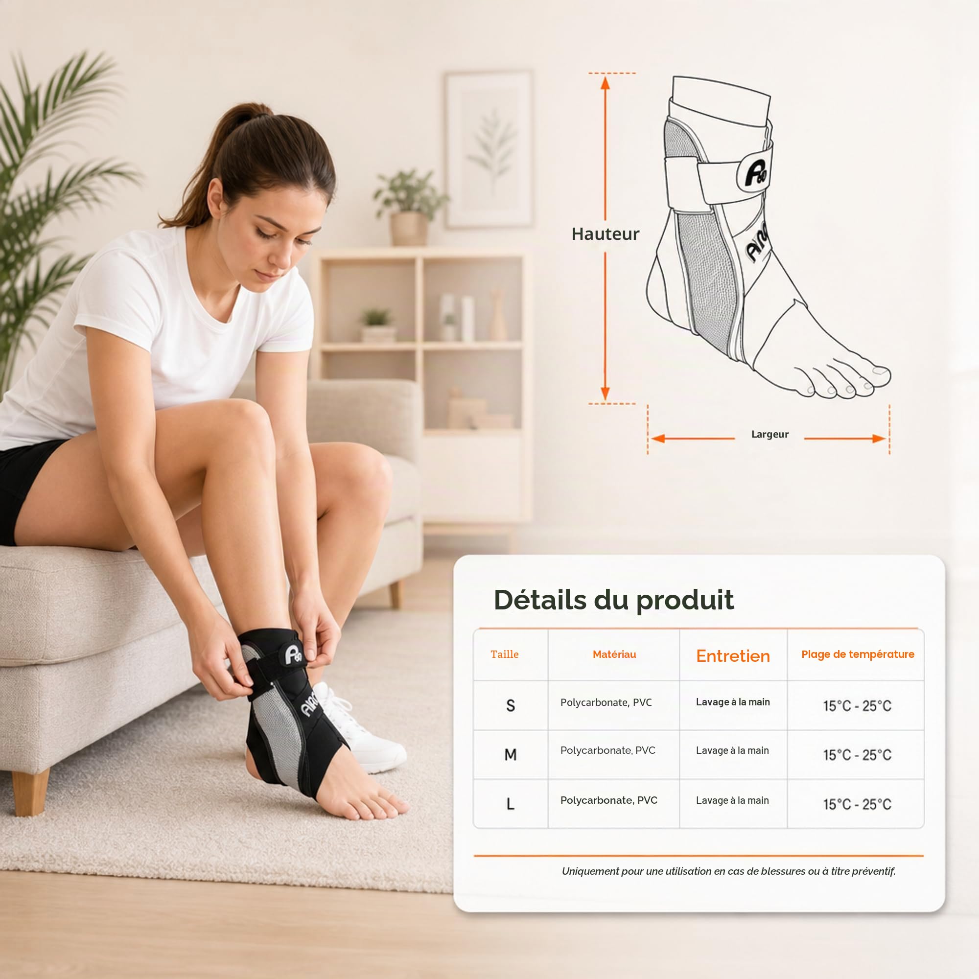 Aircast A60 Attelle de cheville en différentes tailles pour gauche ou droite – 1 pièce – Limitation de supination/pronation par cordon de serrage non élastique (droite, L)