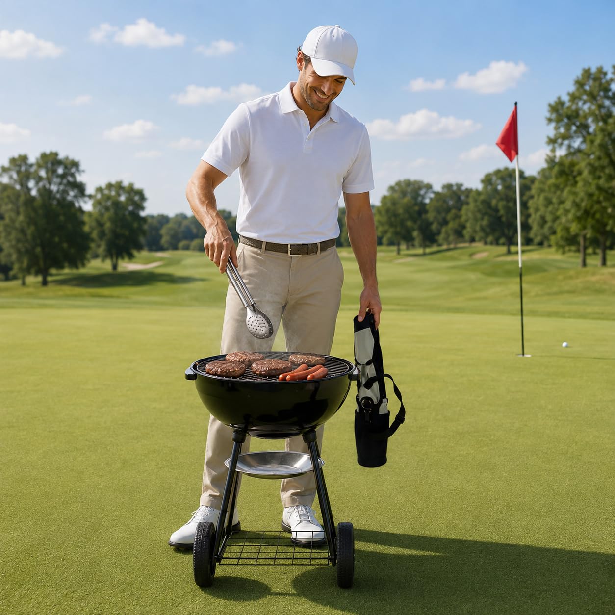 Outset Zestaw narzędzi do grillowania kija golfowego ze stali nierdzewnej, zawiera torbę golfową, szpatułkę, widelec do grilla i szczypce