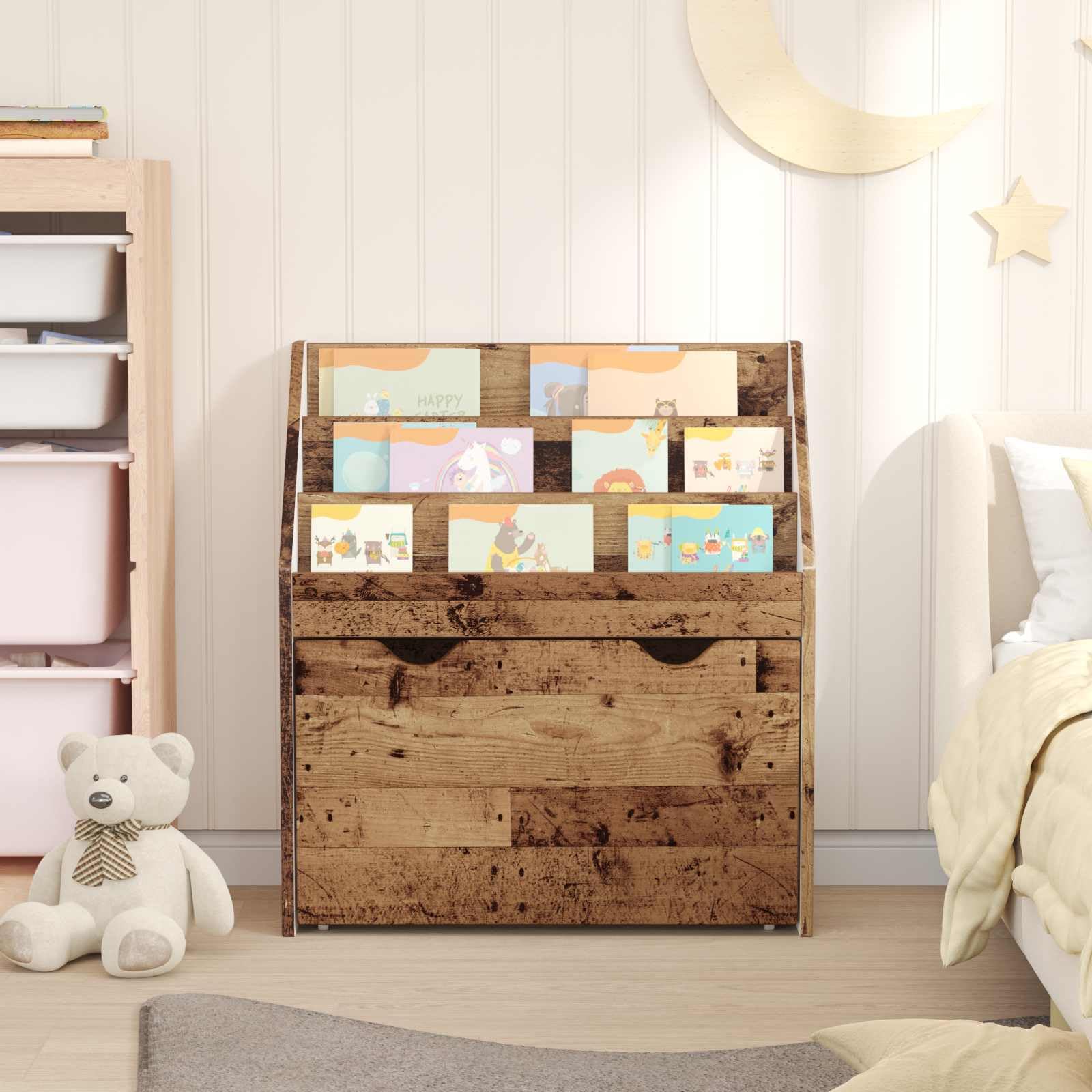 Kinderregal Altholz Holzwerkstoff 60 x 29,5 x 69 cm freistehendes Regal mit Schublade für Bücher, Zeitschrift Ordnung im Kinderzimmer