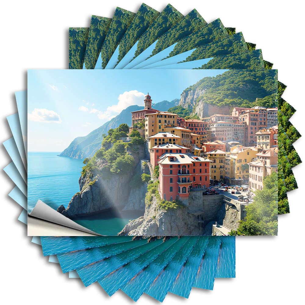 Decals Custom Home Gym Decor Waterproof - Colorful Buildings On A Cliff Overlooking The Sea Tumbler Self Adhesive Decal for Humor Use(12X18CM)