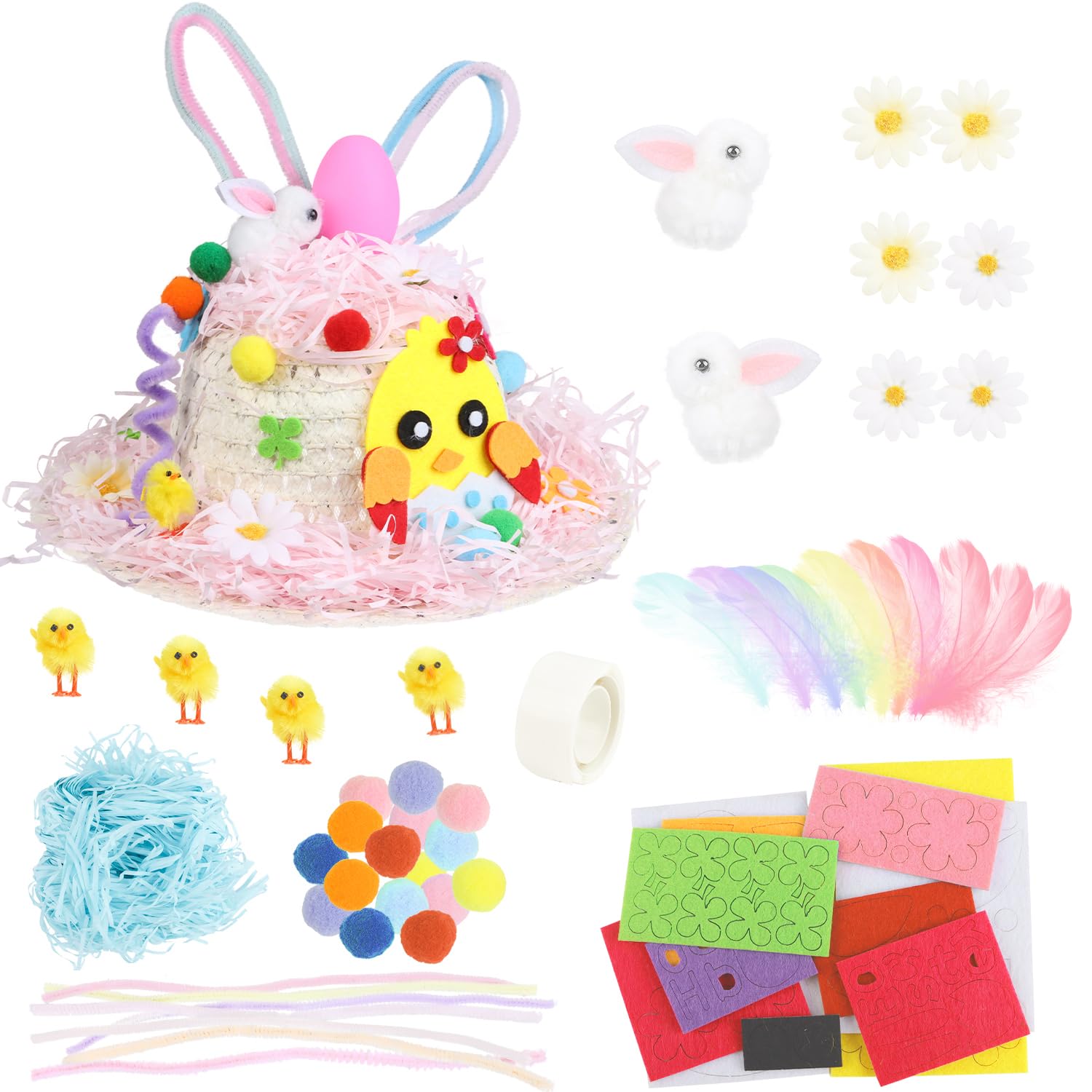 JOFONY Easter Bonnet Kit, Kids Easter Bonnet Hat for DIY Make Your Own Easter Bonnet Hat, DIY Easter Bonnet Kit Easter Hat for School Easter Crafts for Kids(White)
