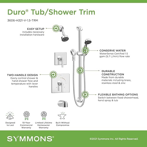 Miniatura 4 de Symmons 3606-H321-V-1.5-TRM Duro - Bañera de 2 manijas y 1 regadera con 1 rociador de ducha de mano en cromo pulido (válvulas no incluidas)