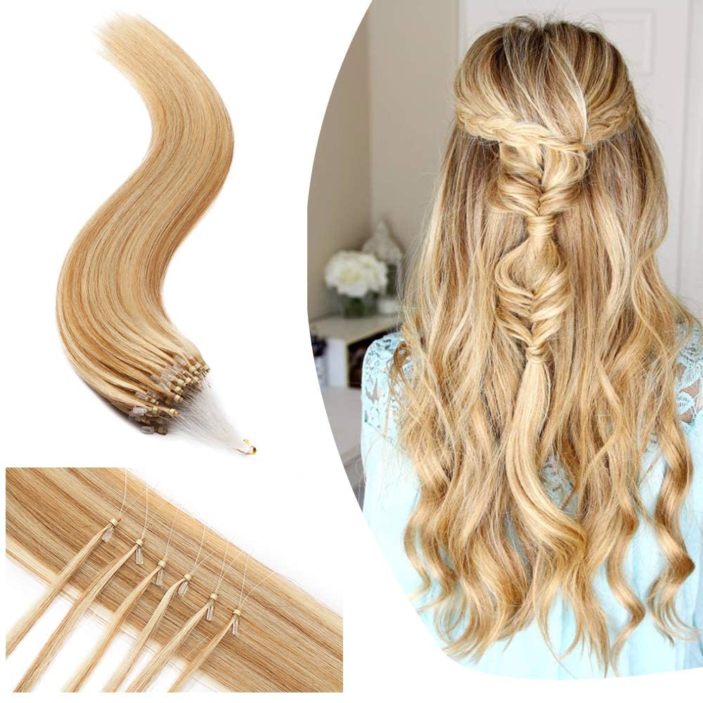 Micro Loop Ring Human Hair Extensions Micro Link Micro Beads Remy Hair Balayage Highlights Keratin I Tip Pre Bonded Weft Virgin Hair,18”(45 cm)