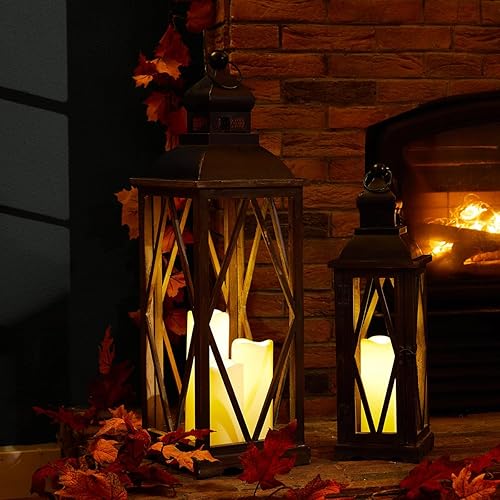 Miniatura 9 de Glitzhome Juego de 2 faroles decorativos de madera y metal para colgar en el patio, color negro (sin vidrio)