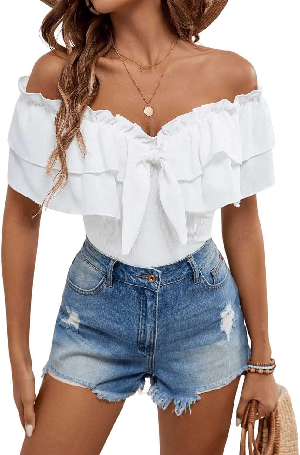 WDIRARA Women's Off Shoulder Frill Trim T Shirts Layered Ruffle Trim Tops