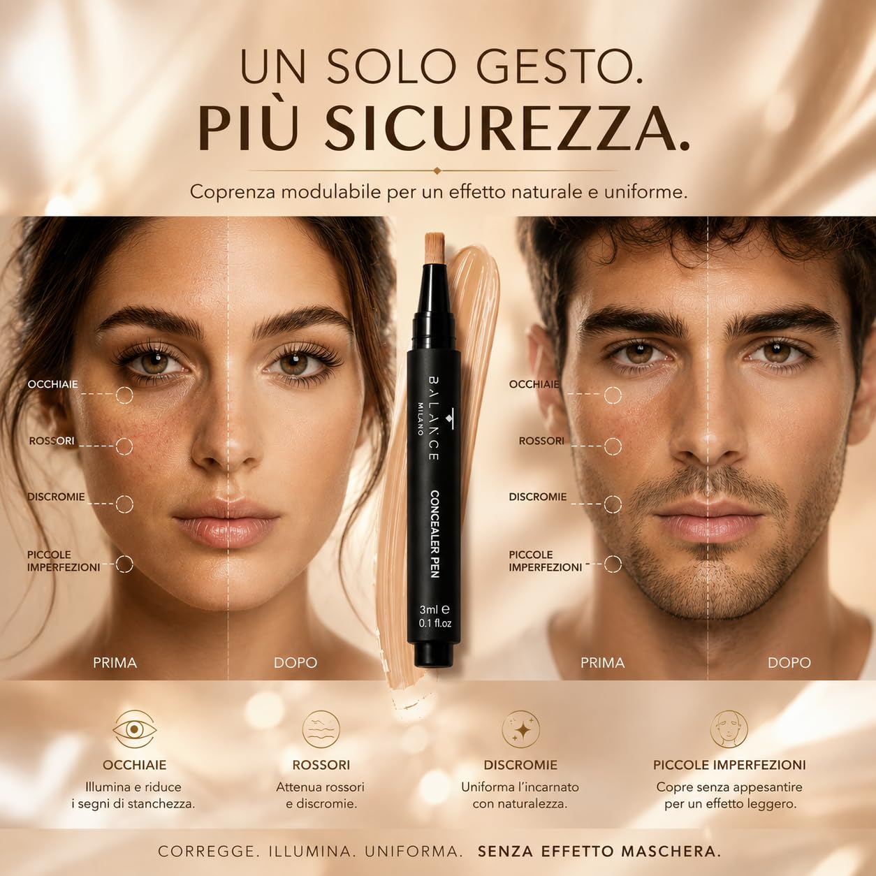 BALANCE MILANO 3ml Correttore Occhiaie Made in Italy - Fluido Levigante - Correttore Idratante e Coprente - Finish Naturale Luminoso Effetto Seconda Pelle - Vegan Silicon Free - Make Up (Beige Scuro)