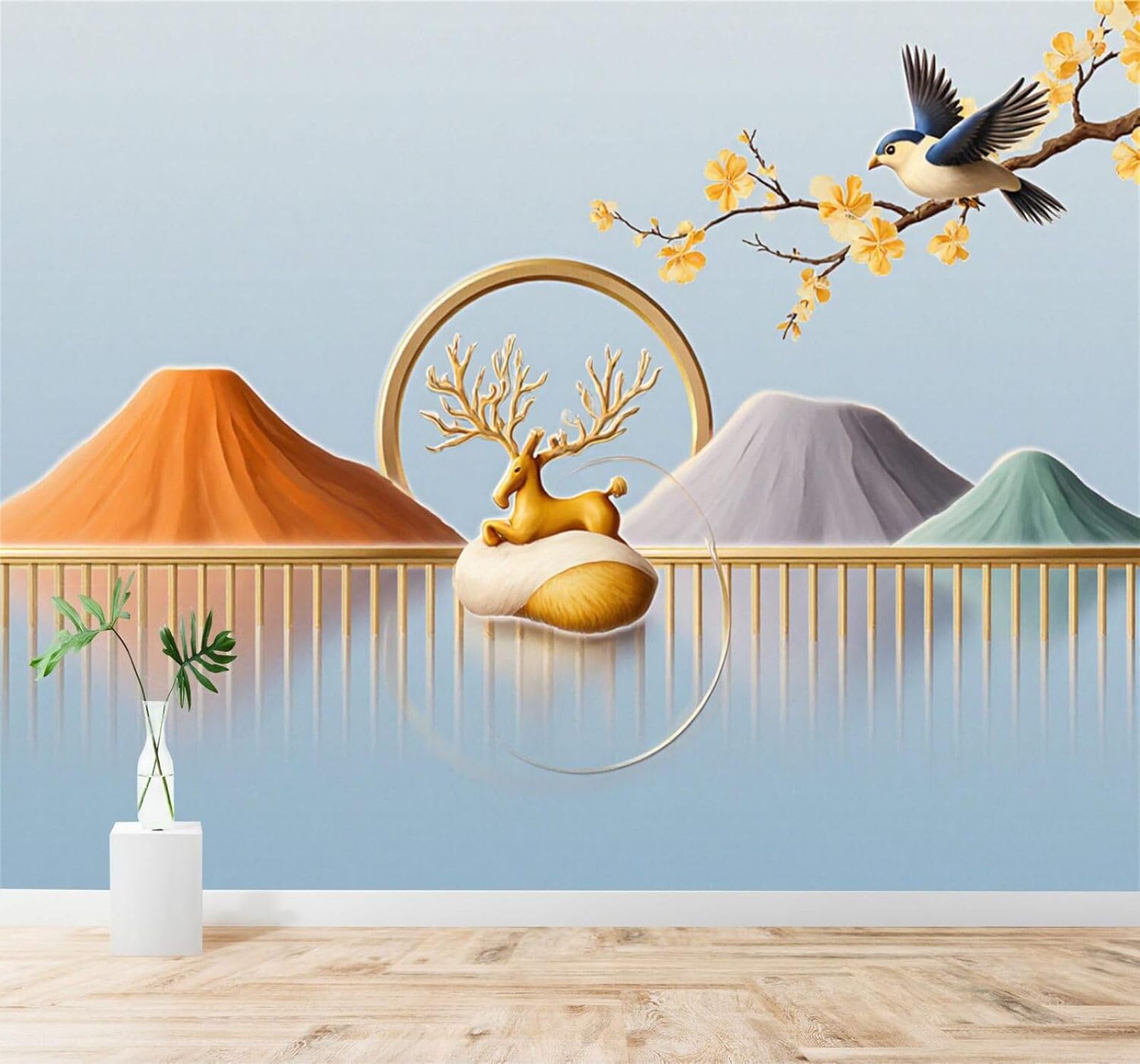 XLMING Golden Deer Mountain Peaks Birds in Flight Flowers Landscape 3D Wallpaper Silky Texture Home Study Office Grey Dining Room Sofa Bedroom Living Room TV Backdrop-150cm×105cm