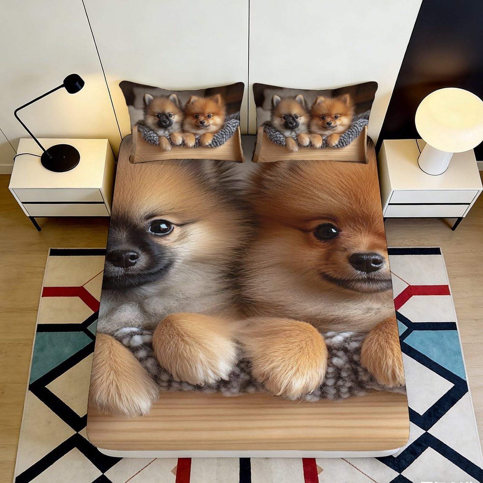 3D Printed Cute Pomeranian Fitted Sheet Microfiber Animal Pattern Bed Cover for Bedroom Guest Room Mattress Decor 90x200x25cm