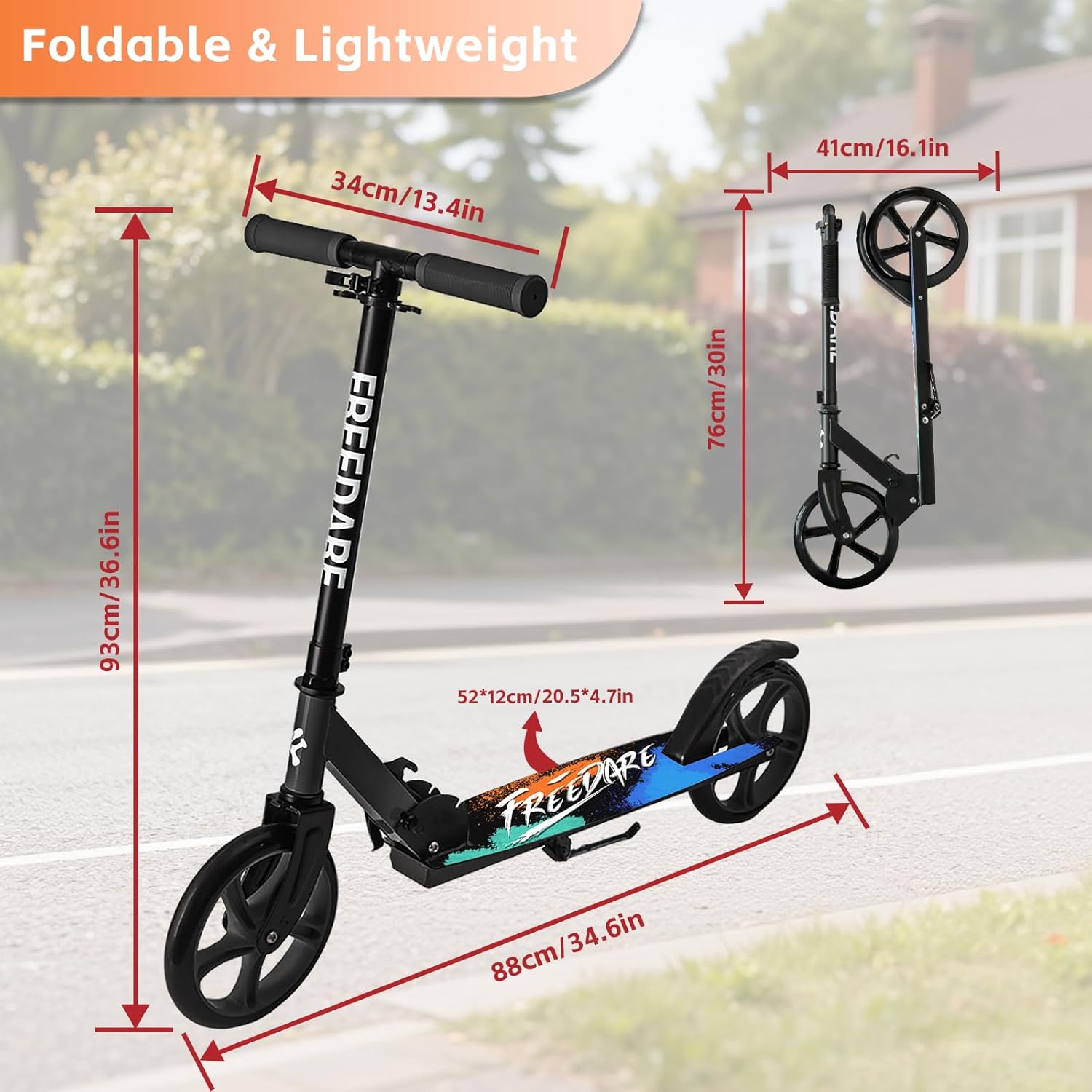 FREEDARE Kick Scooter for Kids & Adults Ages 8+, Foldable Teen Scooter with 2 Big 8-inch Wheels and 4-Level Adjustable Handlebar, Max Load 220 LBS