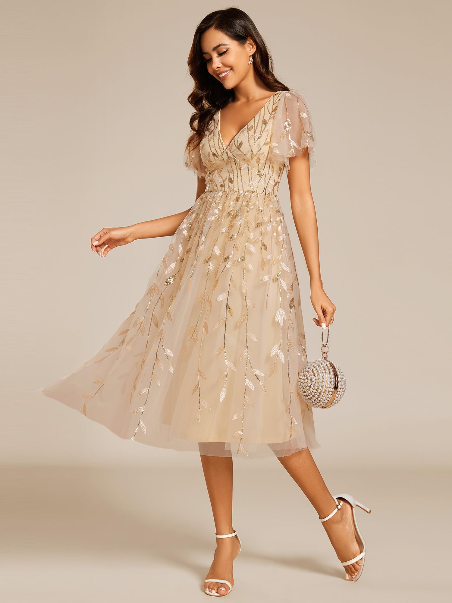 Ever-Pretty Robes d'invité de Mariage Col en V Manches Courtes Paillette Midi Robe évasée EG02230