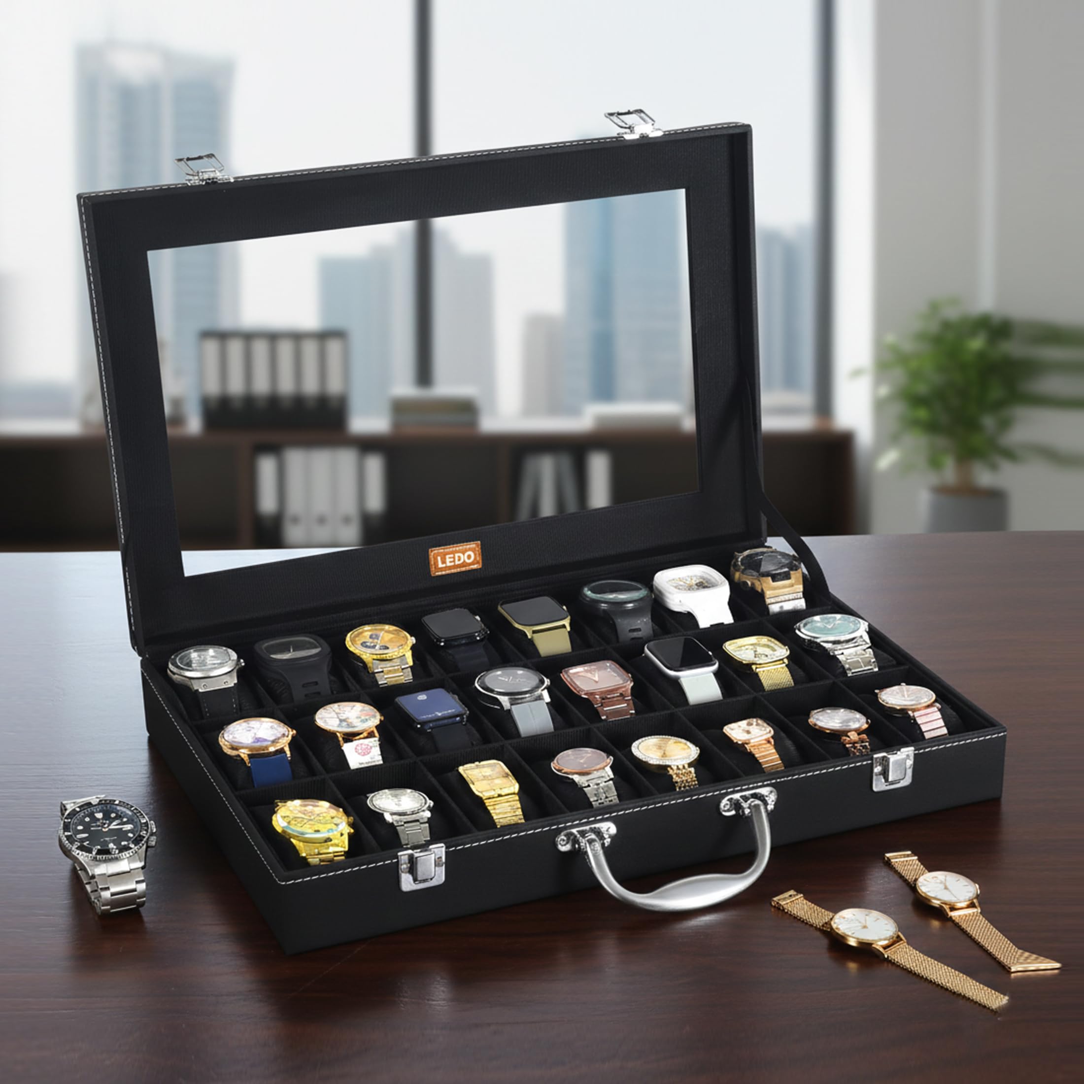 LEDO Men's and Women's Watch Box Holder Organizer Case In 24 Slots of watches In PU Leather with Black & Black