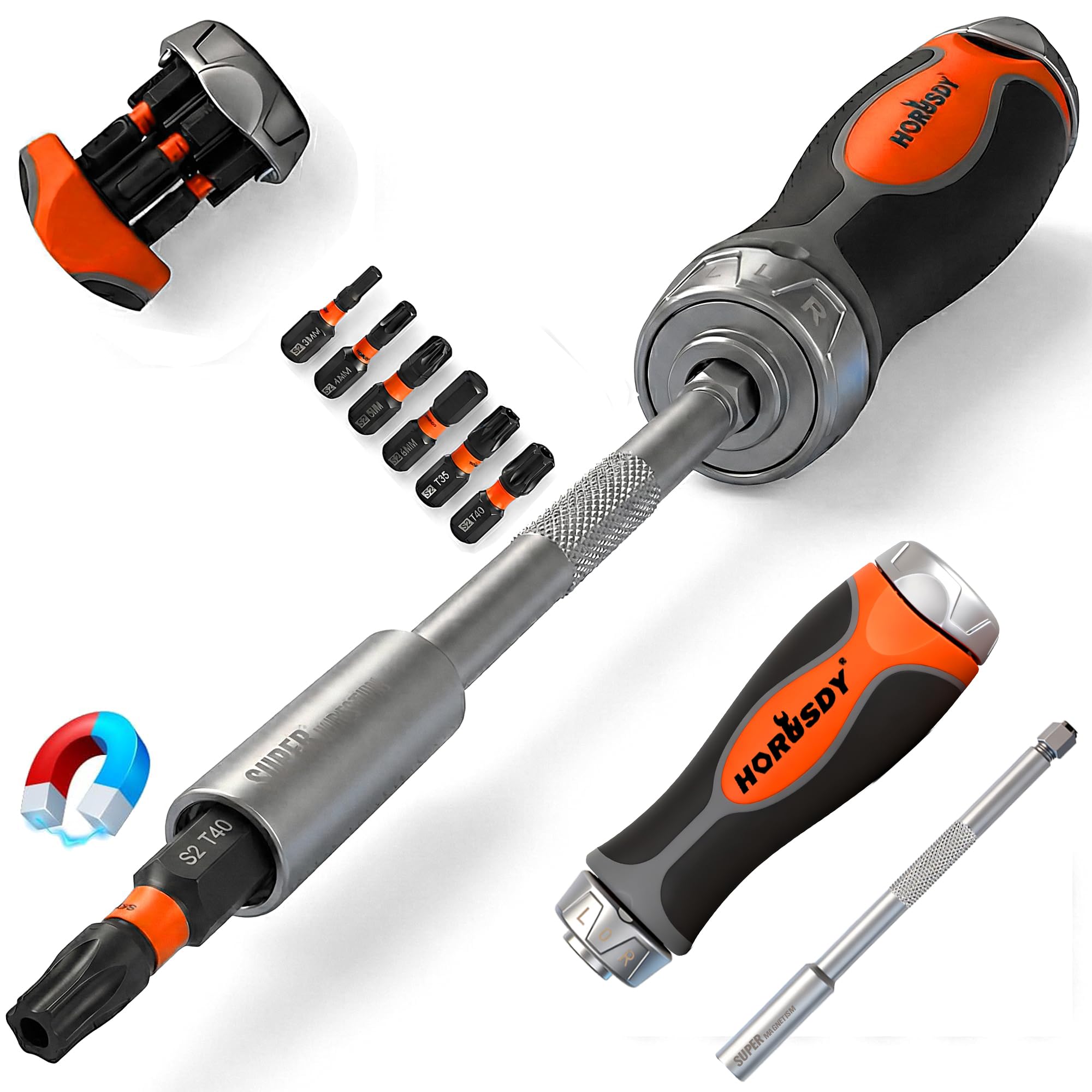 HORUSDY 6-in-1 Ratcheting Screwdriver Set, Magnetic Multi-Bit Screwdriver with Built-in Premium S2 Bits &amp; 126mm Extension Bar, Dad Mens Gifts for Christmas, All-in-One Tool for Home Repair, DIY