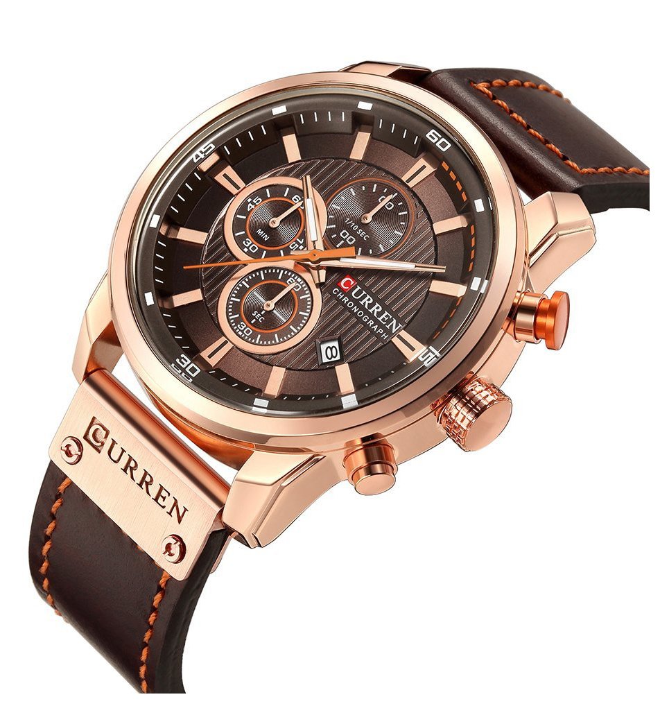 Men Chronograph Sport Watches Brown Leather Strap Quartz Watch Business Casual Wrist Watch for Men