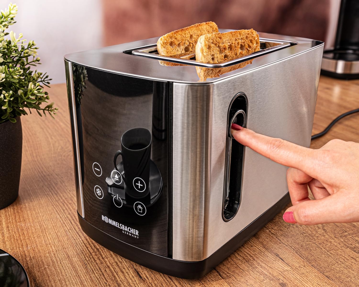 ROMMELSBACHER TOASTER TO 850, 2 ampie fessure per pane fino a XL toast, centraggio automatico del pane, display LED, indicatore conto alla rovescia, 9 livelli, scongelamento, inserto per panini,
