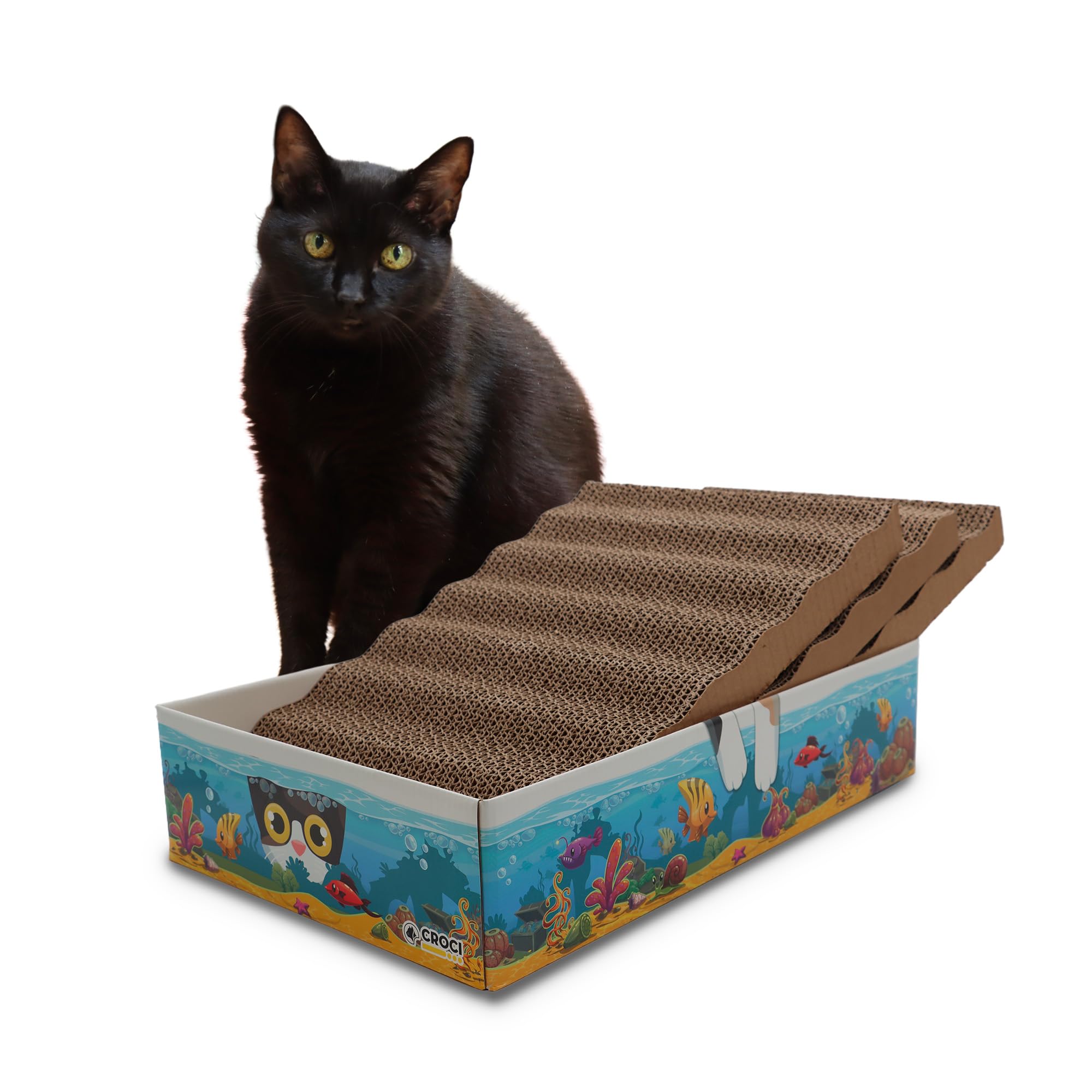 Croci Acquario - Tiragraffi per gatti adulti in cartone 6 in 1, con 3 pannelli graffiabili a doppio strato riversibile, piedini antiscivolo, busta di erba gatta inclusa, 44x28x10 cm