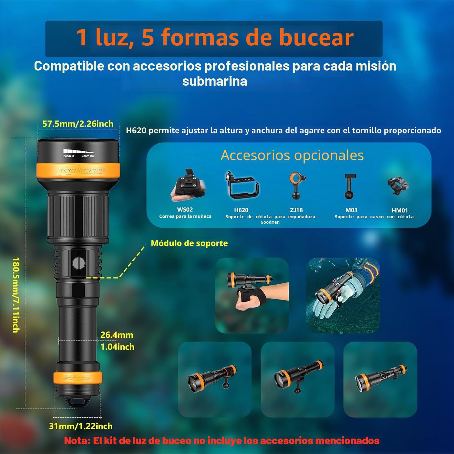 ORCATORCH ZD710MK2 4°-72° Zoom Linterna Buceo,1500 Lúmenes Linterna Submarina LED con 4 Modos 2 en 1 Luz Focalizada y Amplia,IP68 Impermeable Linterna de Buceo hasta 150M para Buceo Técnico y Nocturno
