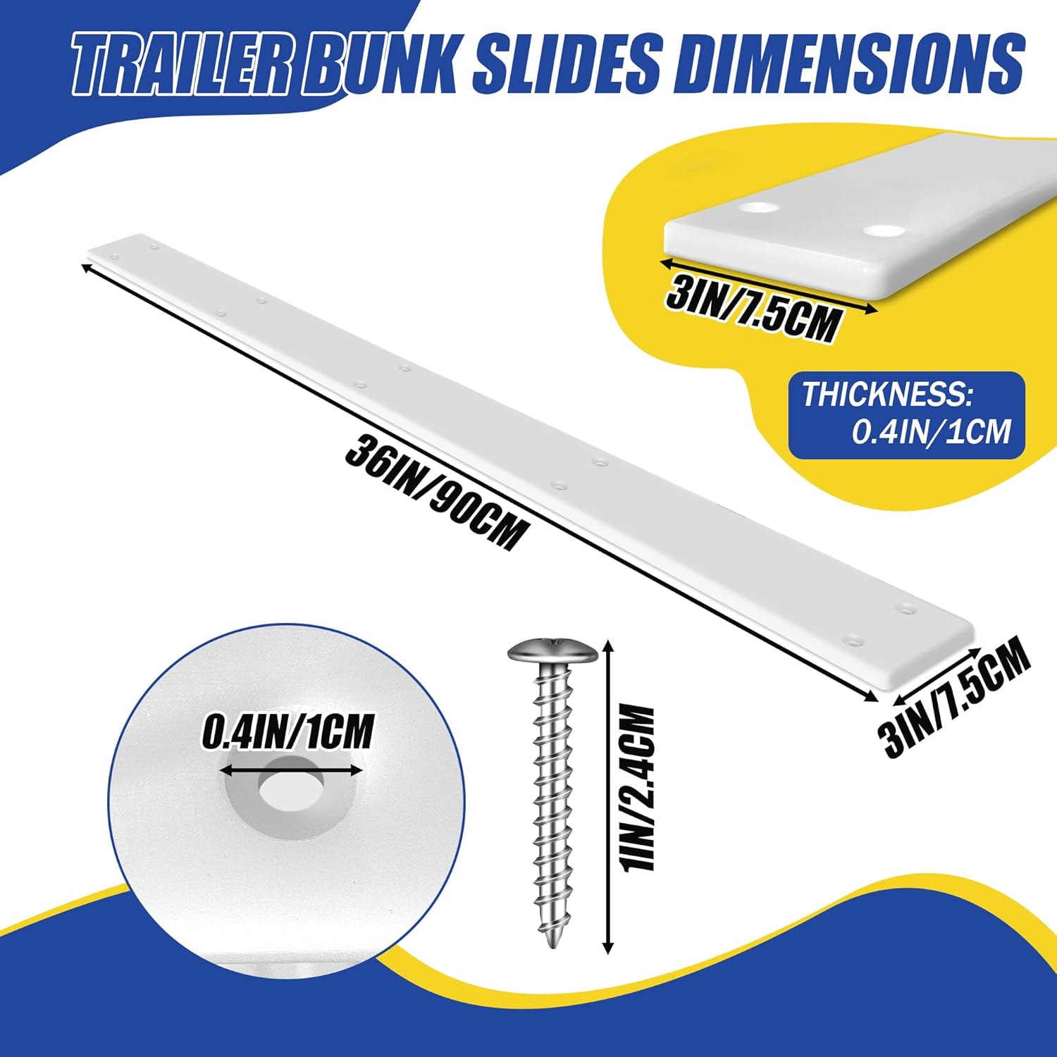 36" X 3" PE Trailer Bunk Glides, 2PCS Heavy Duty Boat Trailer Bunk Slide Pads with Screws and 10 Holes, Smoother Boat Trailer Glide Bunk Enders for Loadings and Launches Easier