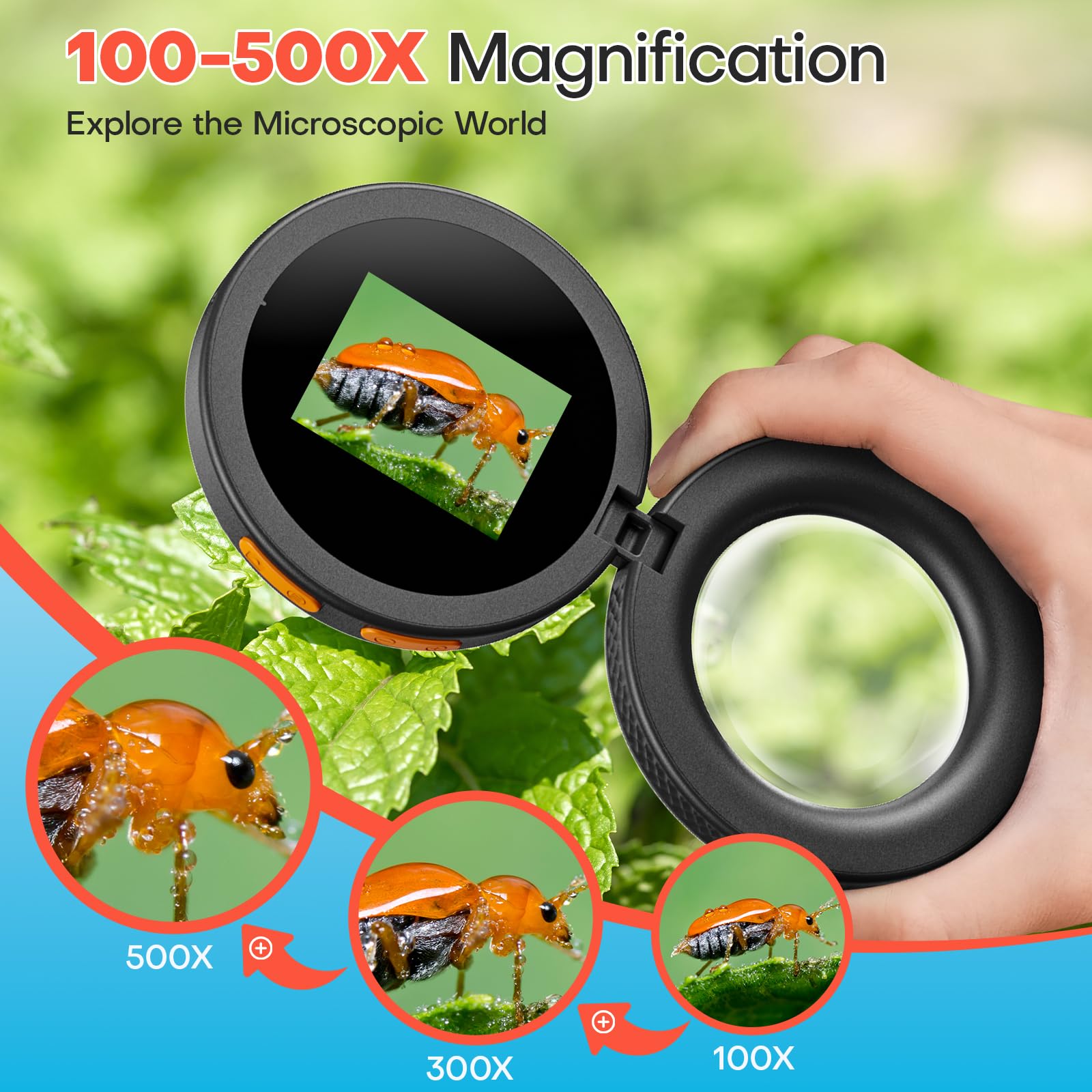 Mini Microscope numérique Portable pour Enfant: électronique Microscope de Poche 500X avec écran HD 2", éclairage LED, Loupe Portatif - Scientifique Cadeau STEM pour Enfant 5-12