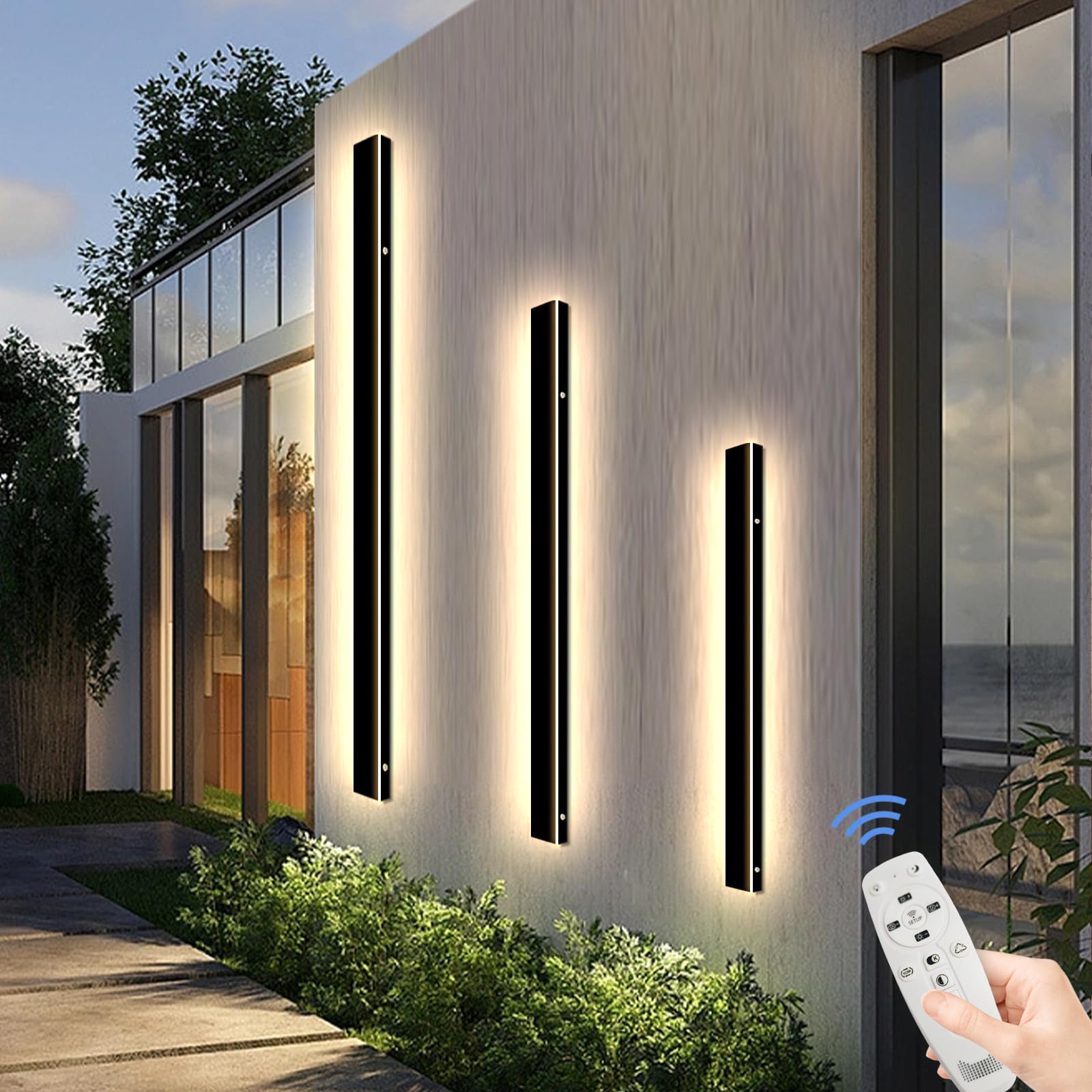 Modern Black Outdoor Wall Light with Remote Control - Dimmable LED Sconce for Patio, Hallway, and Garden - 3 Color Dimmable, Waterproof Aluminium Design for Indoor and Outdoor Use