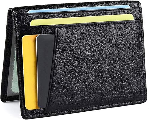 Dorras Cartera delgada plegable de cuero minimalista con bolsillo frontal, tarjetero con ventana de identificación, Negro -, Minimalista